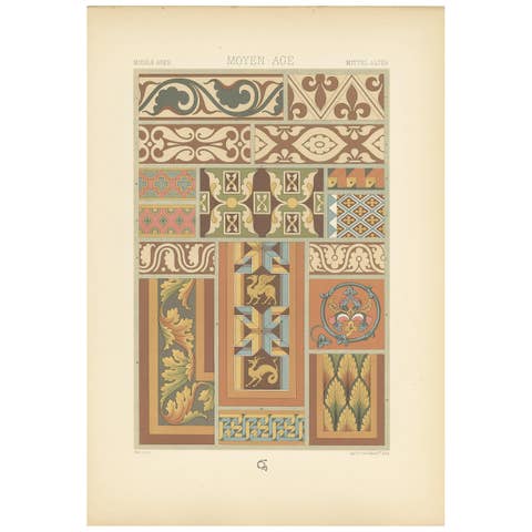 Pl. 49 Antique Print of Middle Ages Mural Motifs Buildings by Racinet circa 1890
