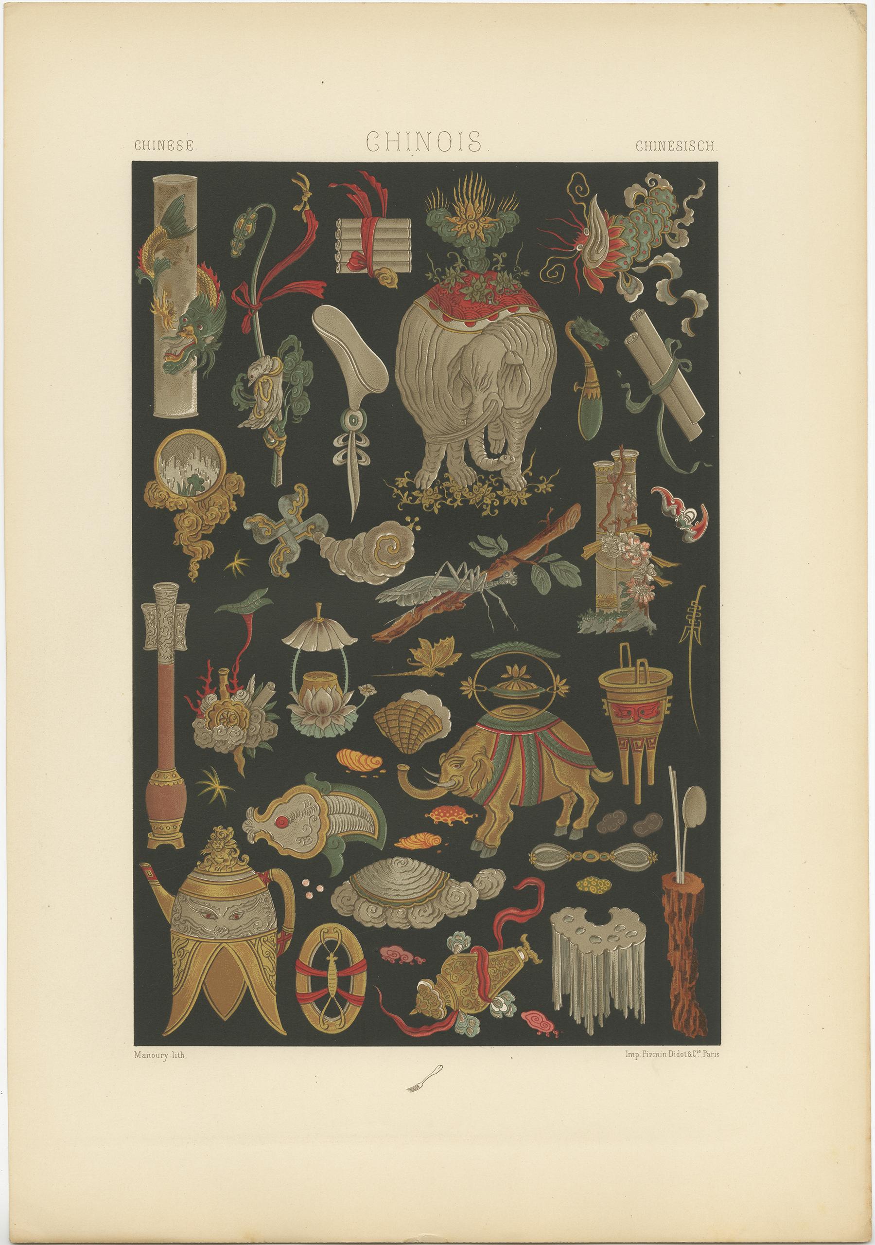 Antique print titled 'Chinese - Chinois - Chinesisch'. Chromolithograph of Chinese painted and gilt motifs from lacquered wood ornaments. This print originates from 'l'Ornement Polychrome' by Auguste Racinet. Published circa 1890.