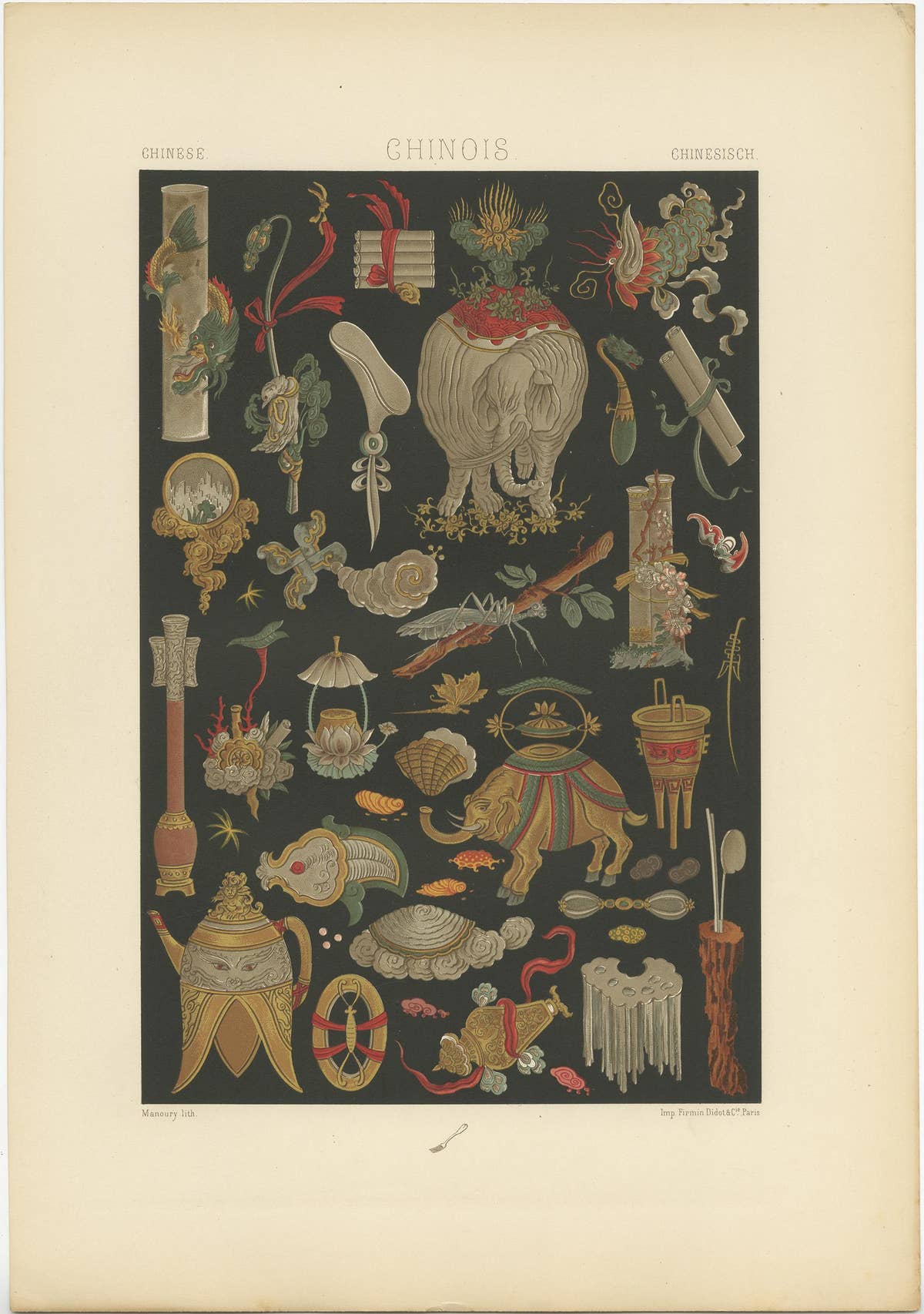 Pl. 7 Antique Print of Chinese Painted and Gilt Motifs by Racinet, 'circa 1890'