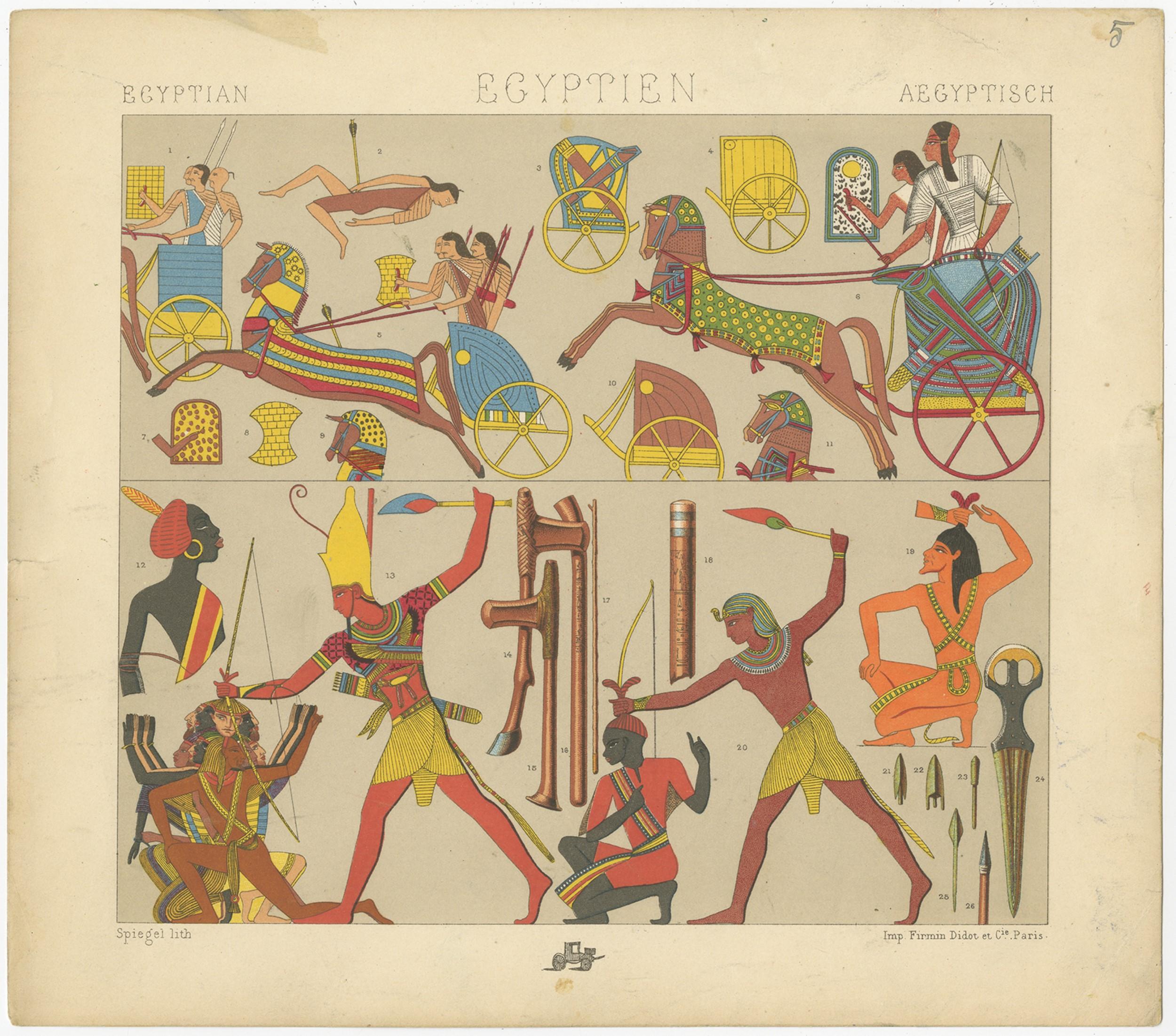 Antique print titled 'Egyptian - Egyptien - Aegyptisch'. Chromolithograph of Egyptian battle scenes. This print originates from 'Le Costume Historique' by M.A. Racinet. Published, circa 1880.

    