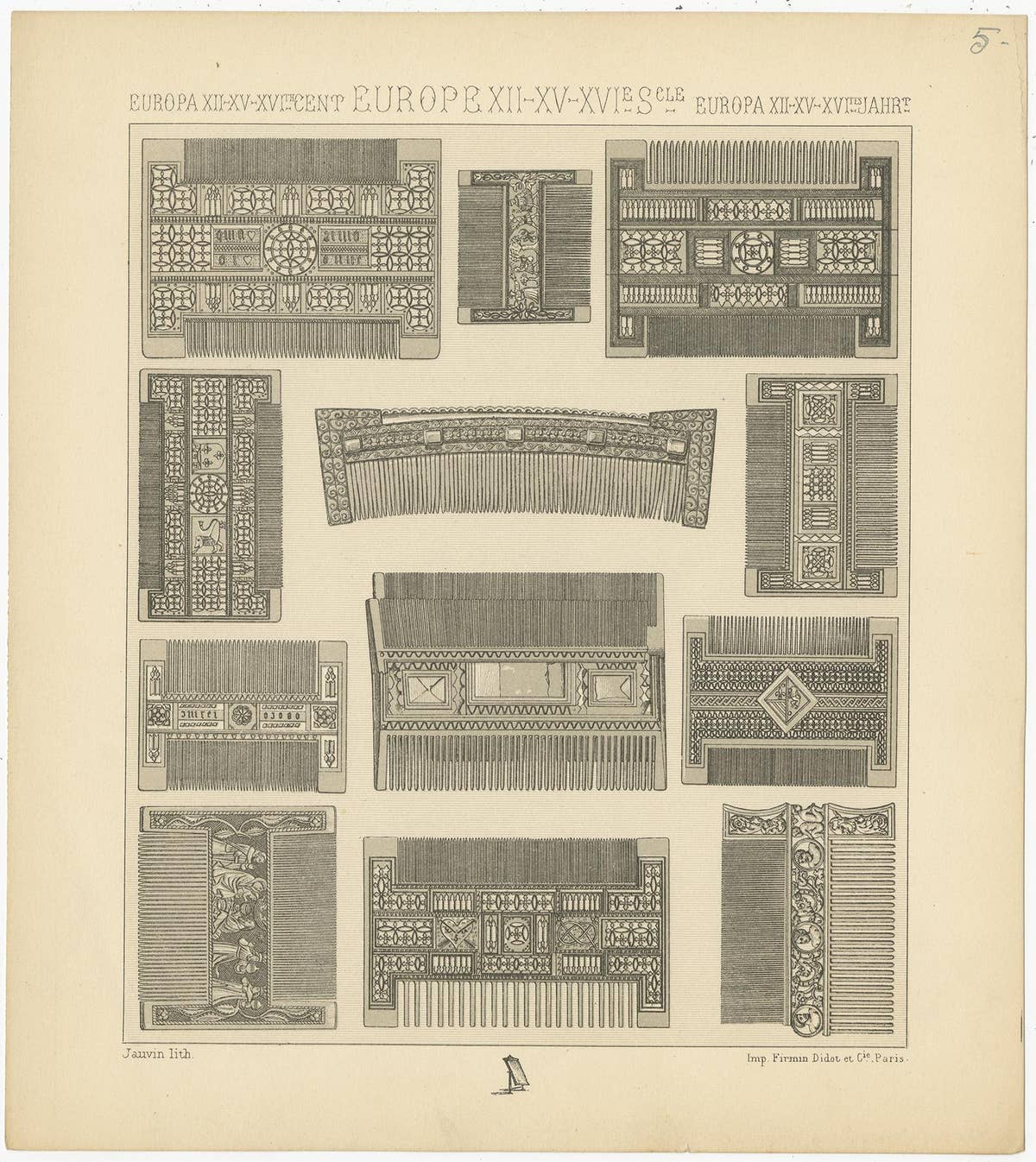 Pl 5 Antique Print of European Comb Objects by Racinet, 'circa 1880'