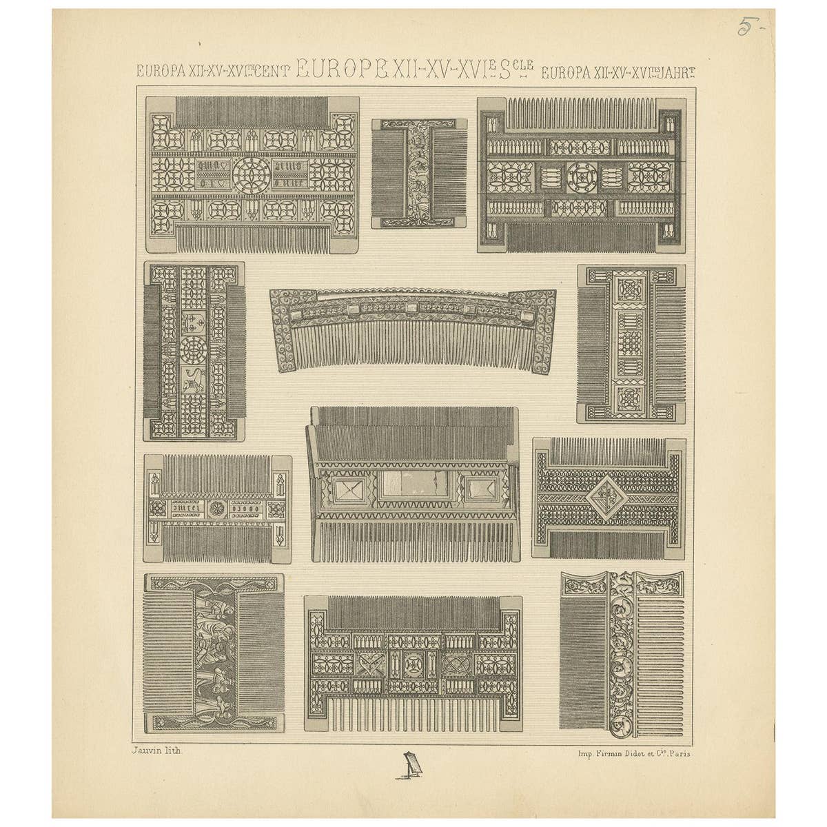 Pl 5 Antique Print of European Comb Objects by Racinet, 'circa 1880'