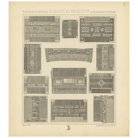 Pl 5 Antique Print of European Comb Objects by Racinet, 'circa 1880'