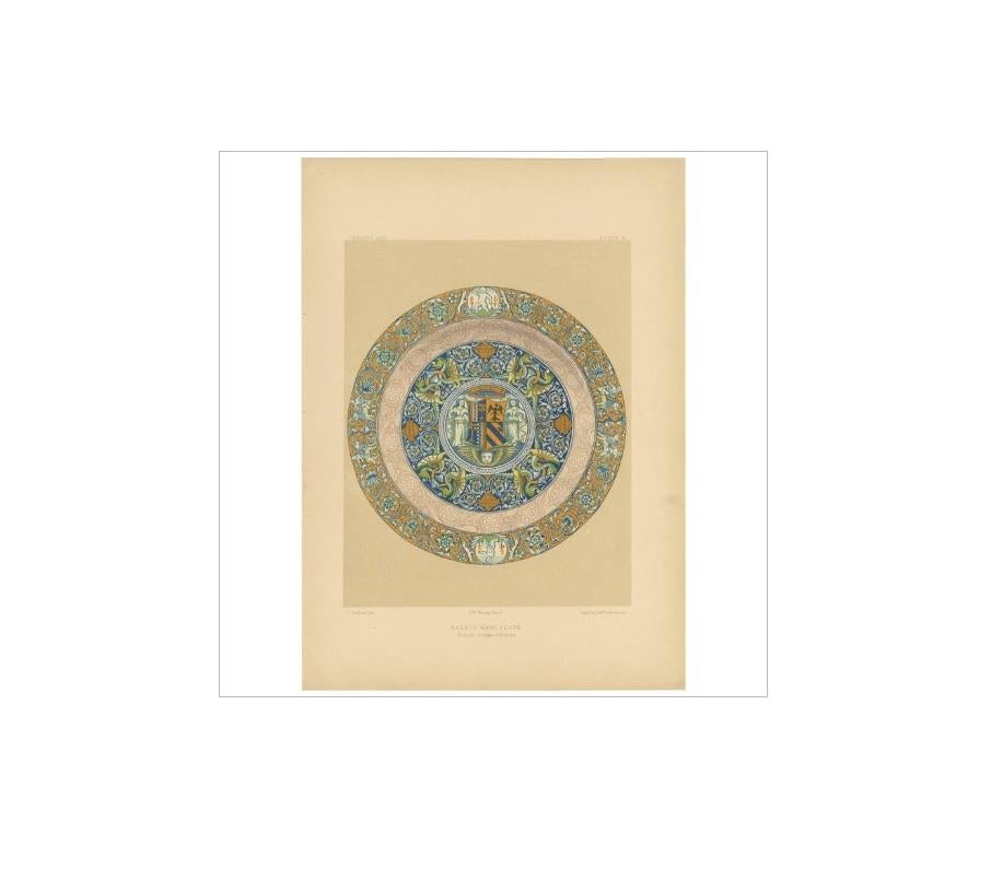 Antique print titled ‘Faenza ware plate’. Lithograph of Faenza Ceramic Plates. This print originates from ‘Examples of Pottery and Porcelain selected from the Royal and other Collections’. Edited by J.B. Waring. Chromo-lithographed by F. Bedford.