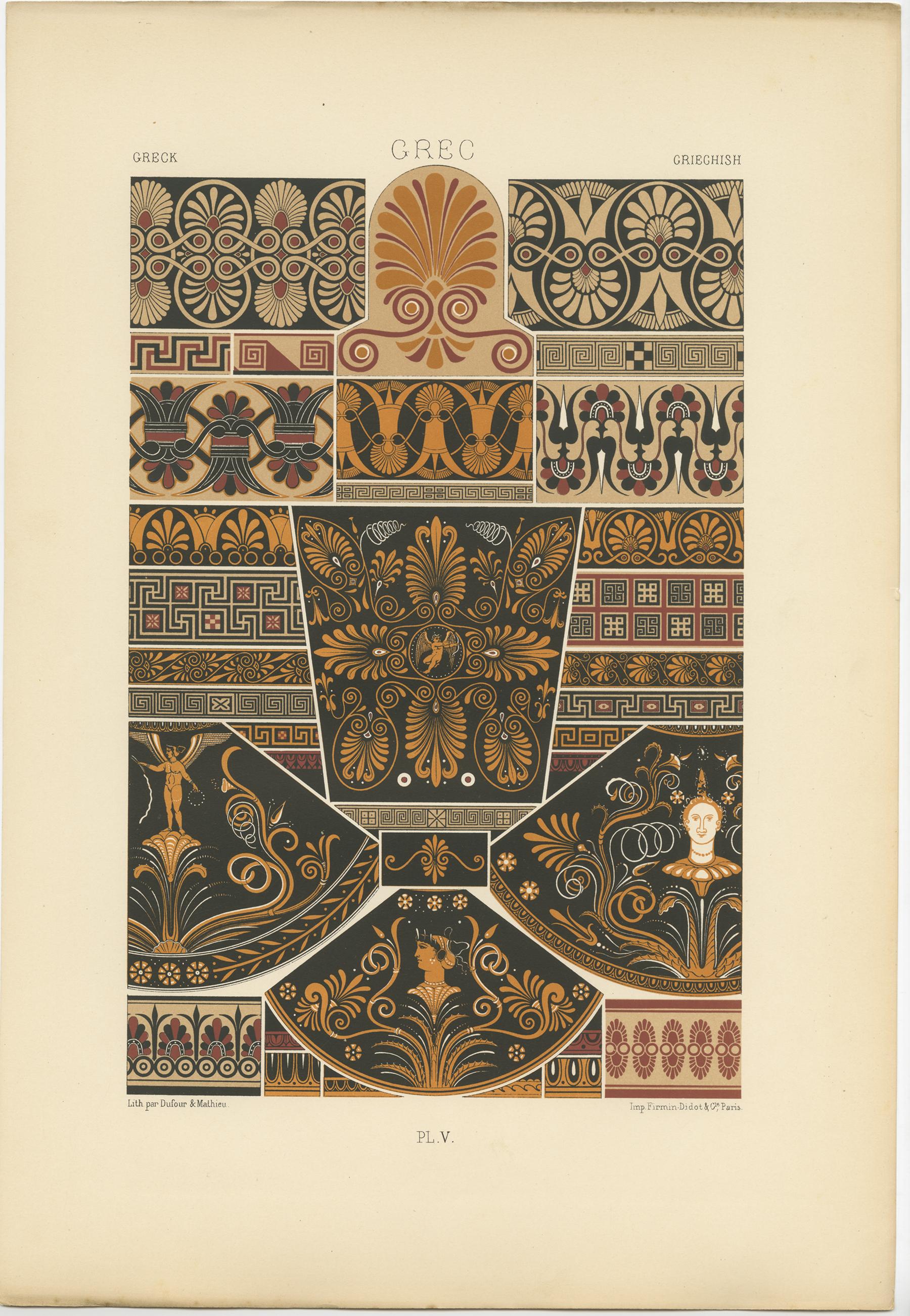 Antique print titled 'Greck - Grec - Griechish'. Chromolithograph of Greek ornaments and decorative arts. This print originates from 'l'Ornement Polychrome' by Auguste Racinet. Published, circa 1890.