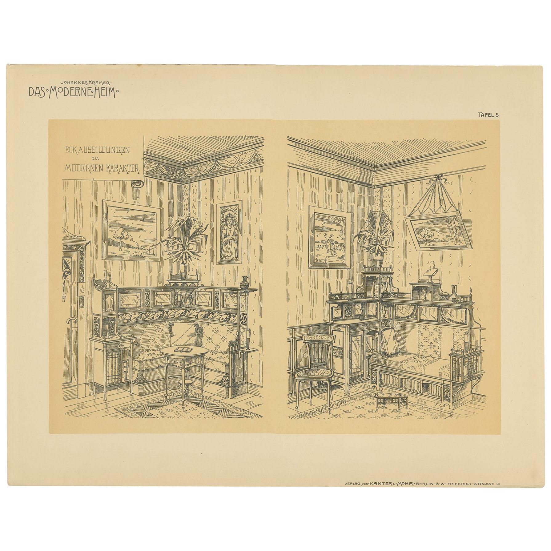 Pl. 5 Antique Print of Modern Corner Furniture by Kramer 'circa 1910' For Sale