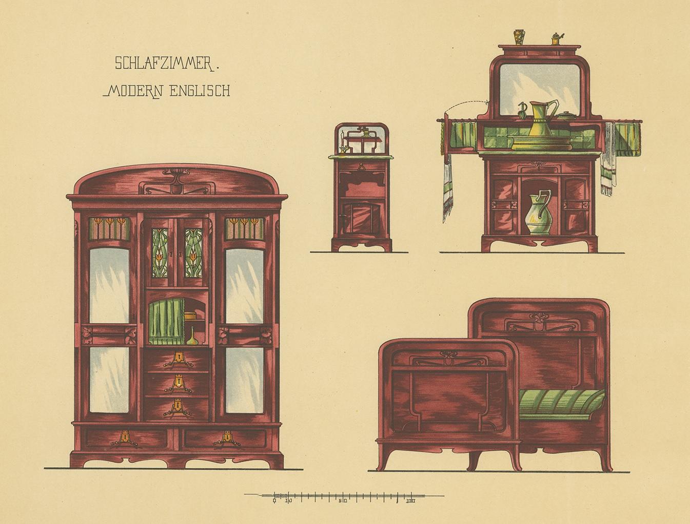 Antique print titled 'Schlafzimmer modern Englisch'. Lithograph of bedroom furniture. This print originates from 'Det Moderna Hemmet' by Johannes Kramer. Published by Ferdinand Hey'l, circa 1910.
