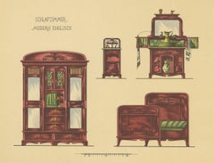 Pl. 50 Antique Print of Bedroom Furniture by Kramer 'circa 1910'