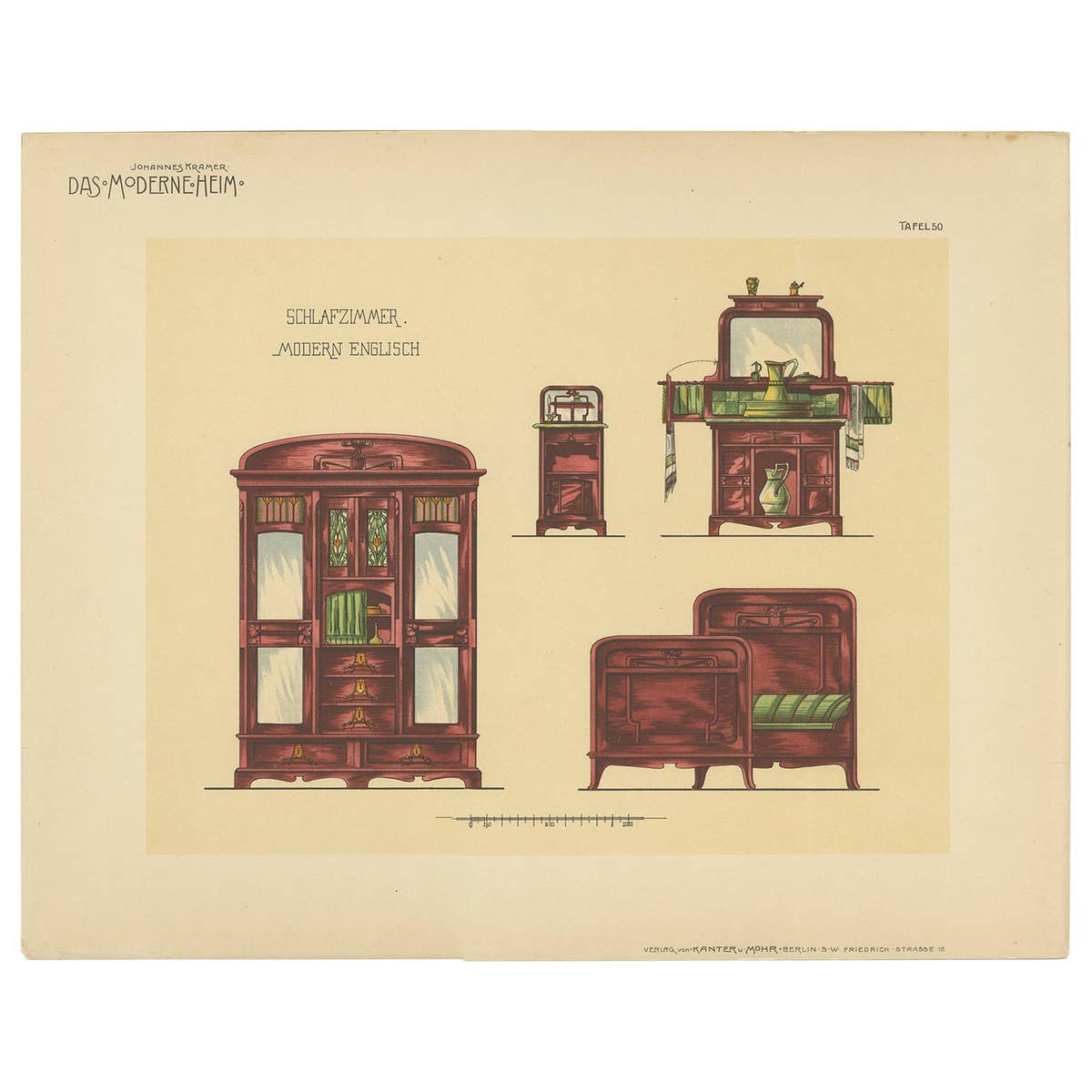 Pl. 50 Antique Print of Bedroom Furniture by Kramer 'circa 1910'
