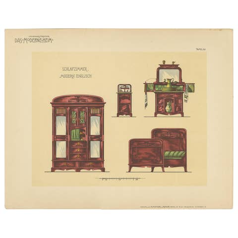 Pl. 50 Antique Print of Bedroom Furniture by Kramer 'circa 1910'