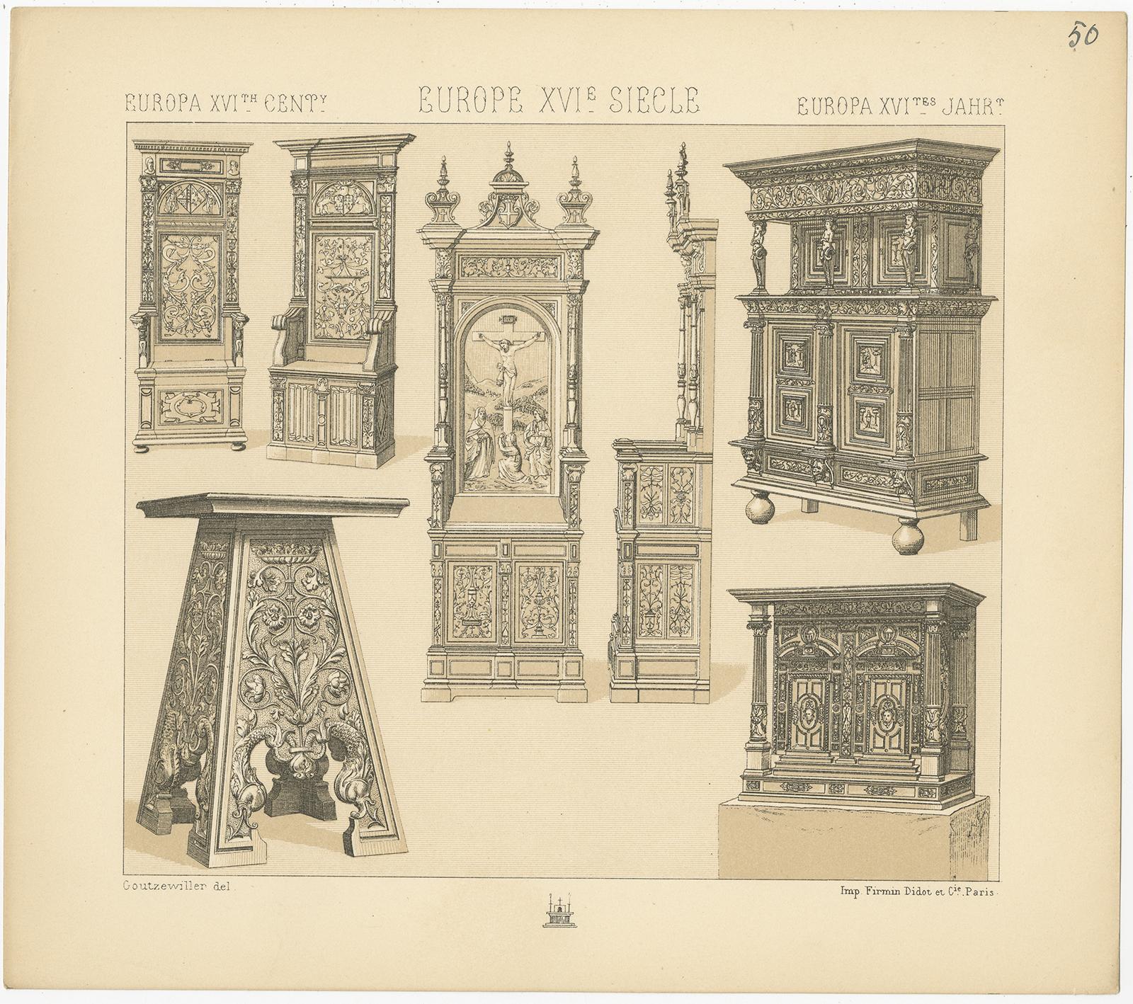 Antique print titled 'Europa XVIth Cent - Europe XVIe, Siecle - Europa XVItes Jahr'. Chromolithograph of European 16th century furniture. This print originates from 'Le Costume Historique' by M.A. Racinet. Published, circa 1880.