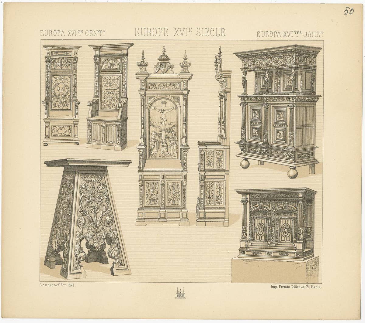 Pl 50 Antique Print of European 16th Century Furniture by Racinet