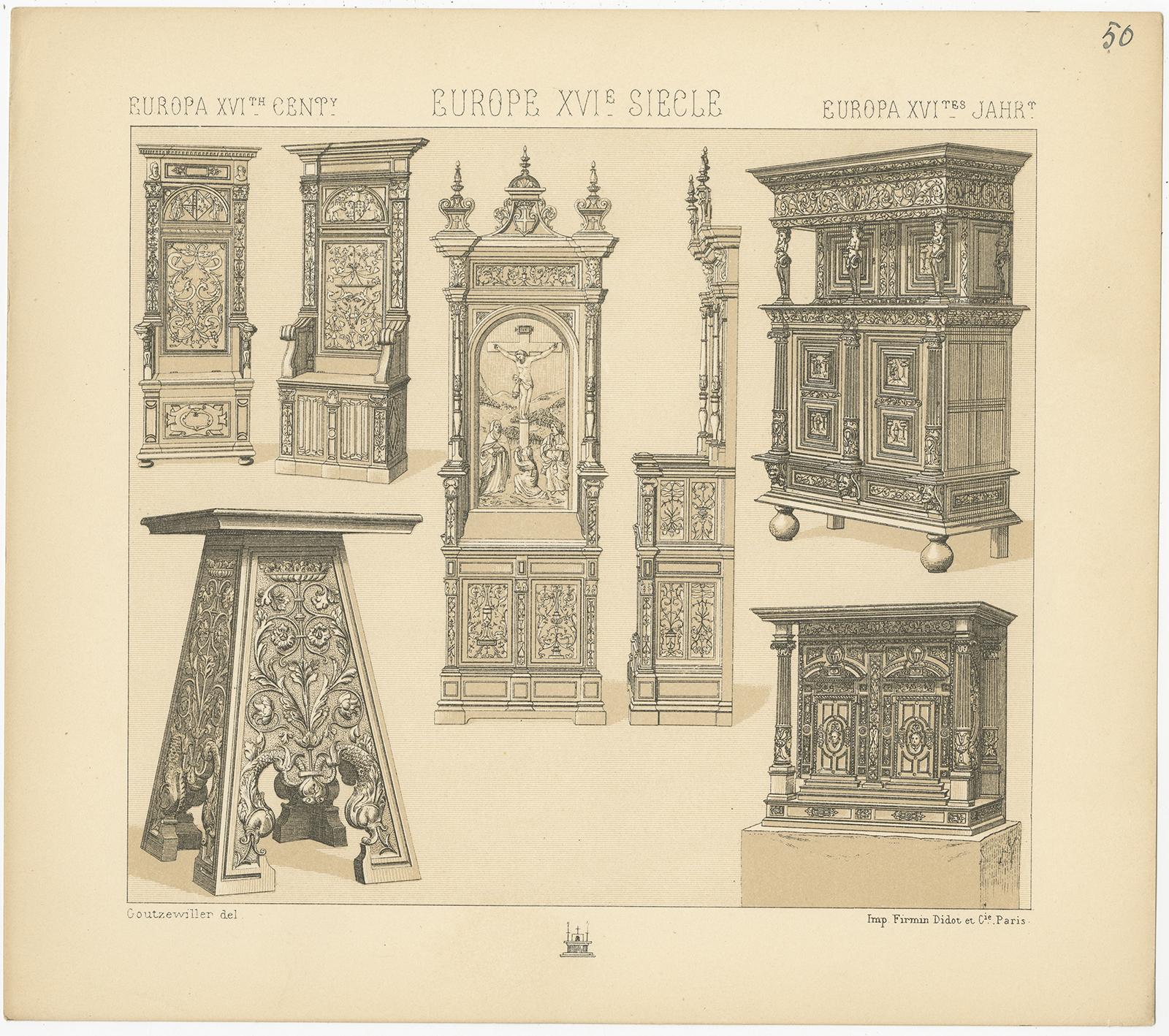 Pl 50 Impresión antigua de muebles europeos del siglo XVI de Racinet en Bueno estado para la venta en Langweer, NL