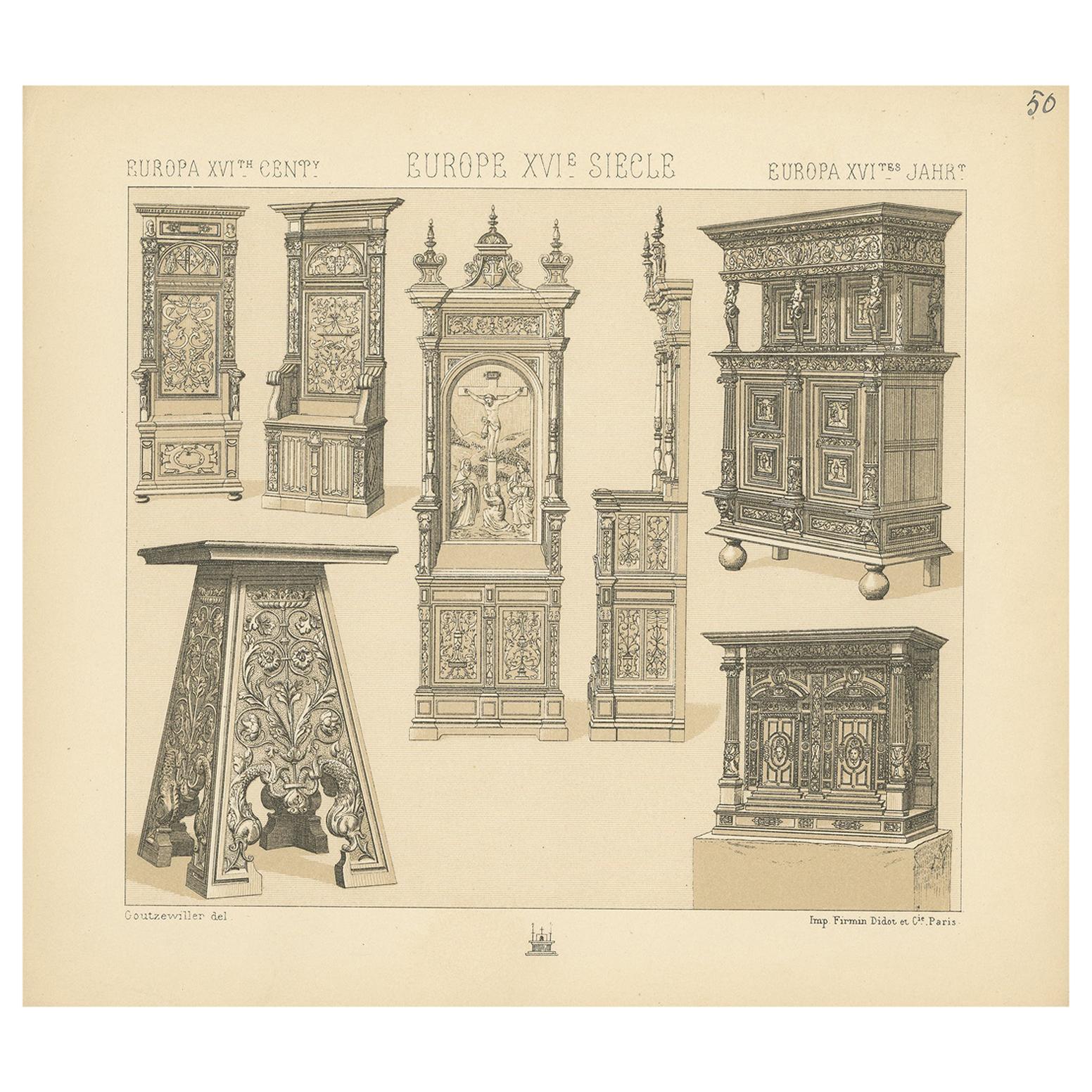 Pl 50 Impresión antigua de muebles europeos del siglo XVI de Racinet