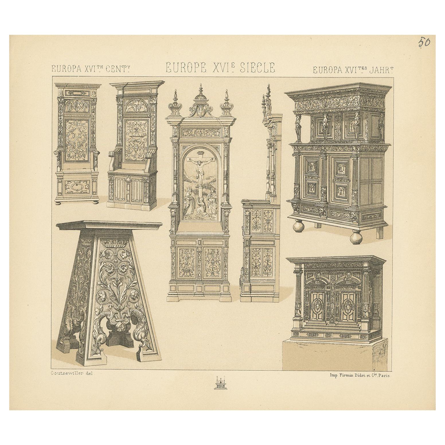 Pl 50 Antique Print of European 16th Century Furniture by Racinet For Sale