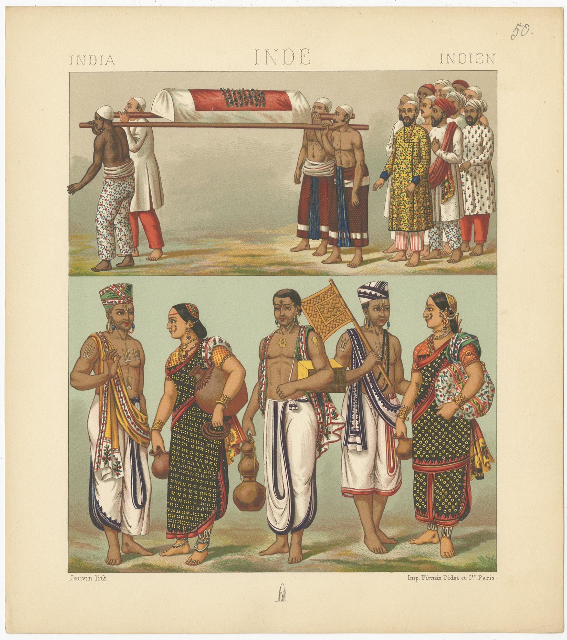 Antique print titled 'India - Inde - Indien'. Chromolithograph of Indian costumes. This print originates from 'Le Costume Historique' by M.A. Racinet. Published, circa 1880.

   