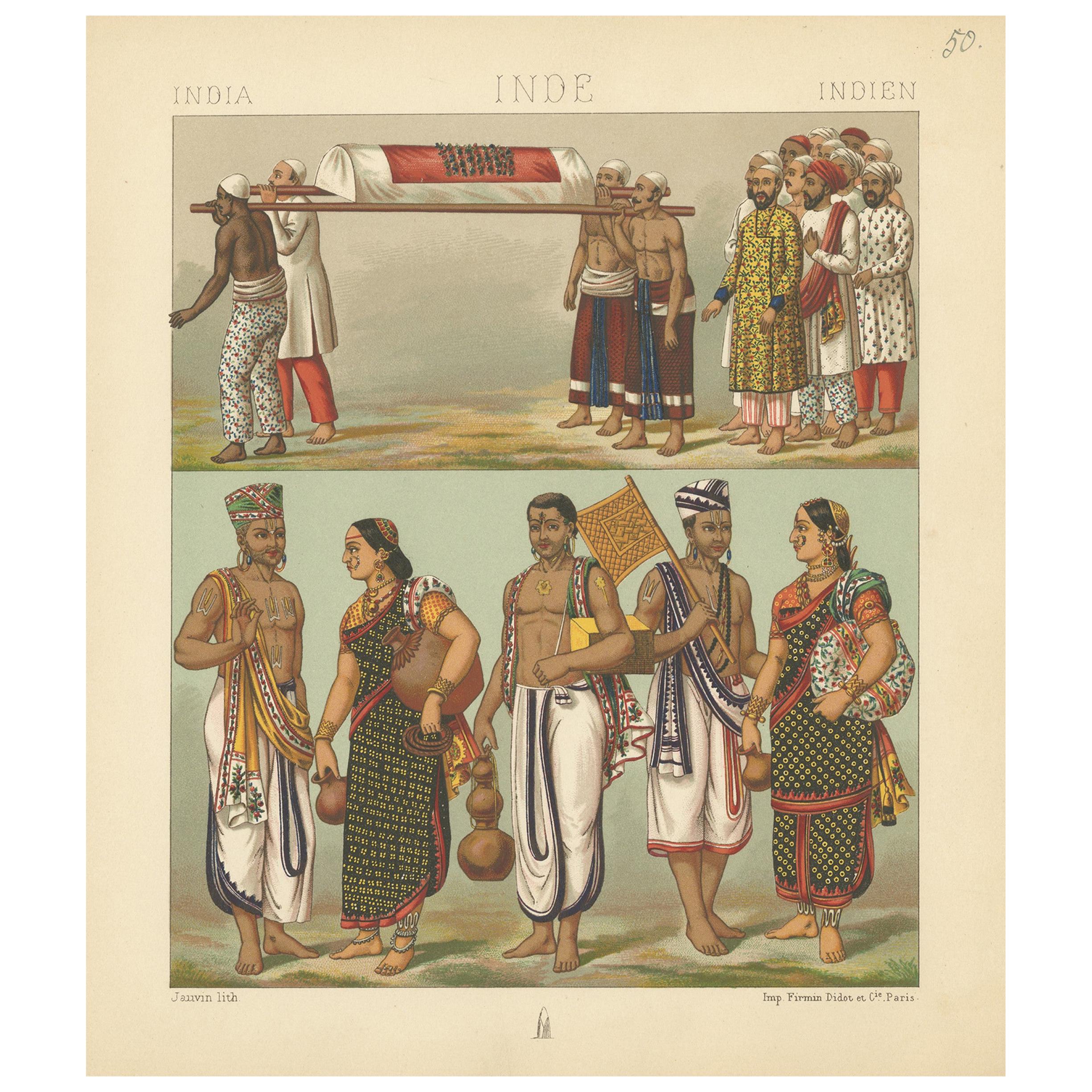 Antique Print of Indian Costumes by Racinet, 'circa 1880' For Sale