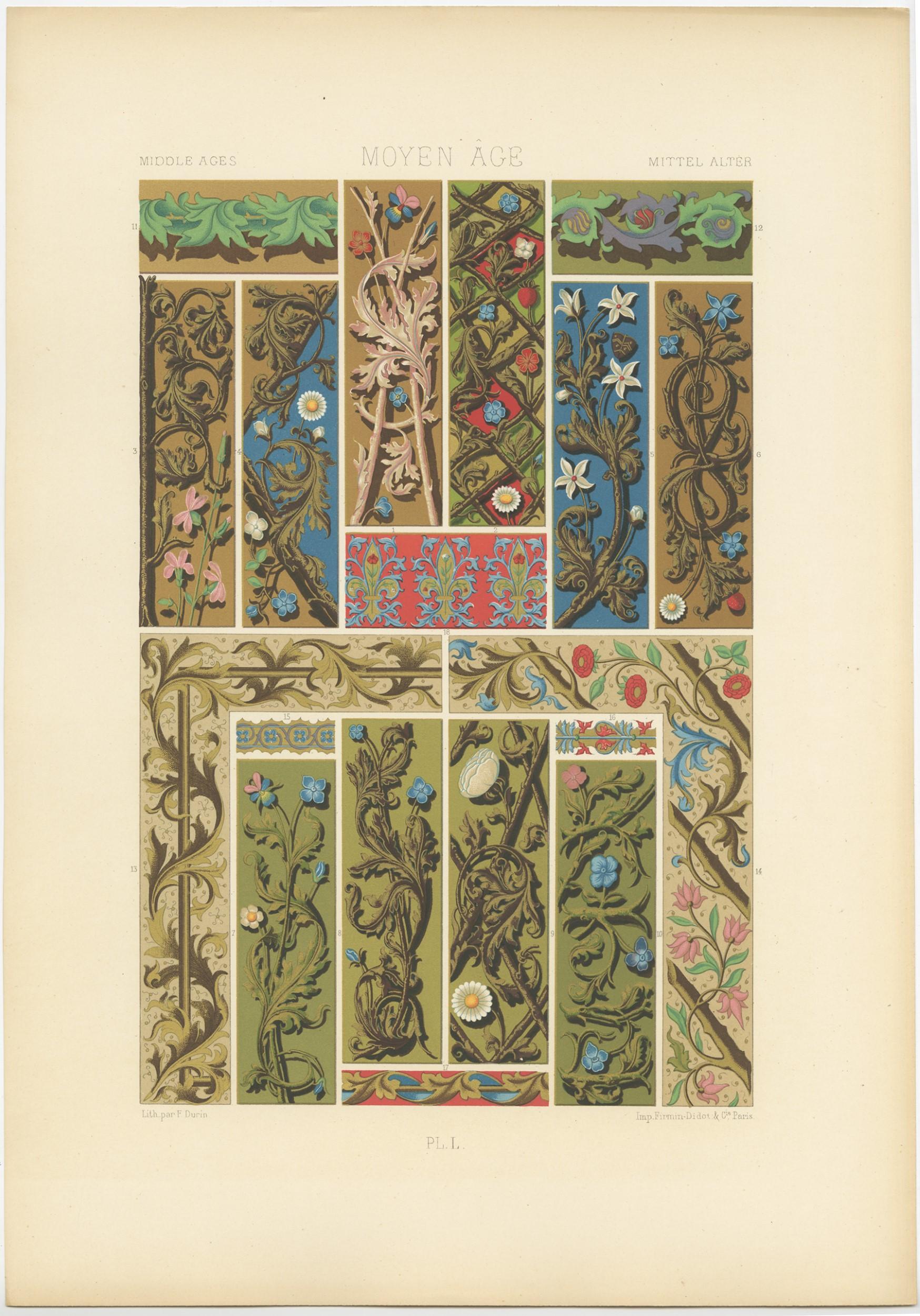 Antique print titled 'Middle Ages - Moyen Âge - Mittel Ages'. Chromolithograph of Middle Ages ornaments and decorative arts. This print originates from 'l'Ornement Polychrome' by Auguste Racinet. Published, circa 1890.