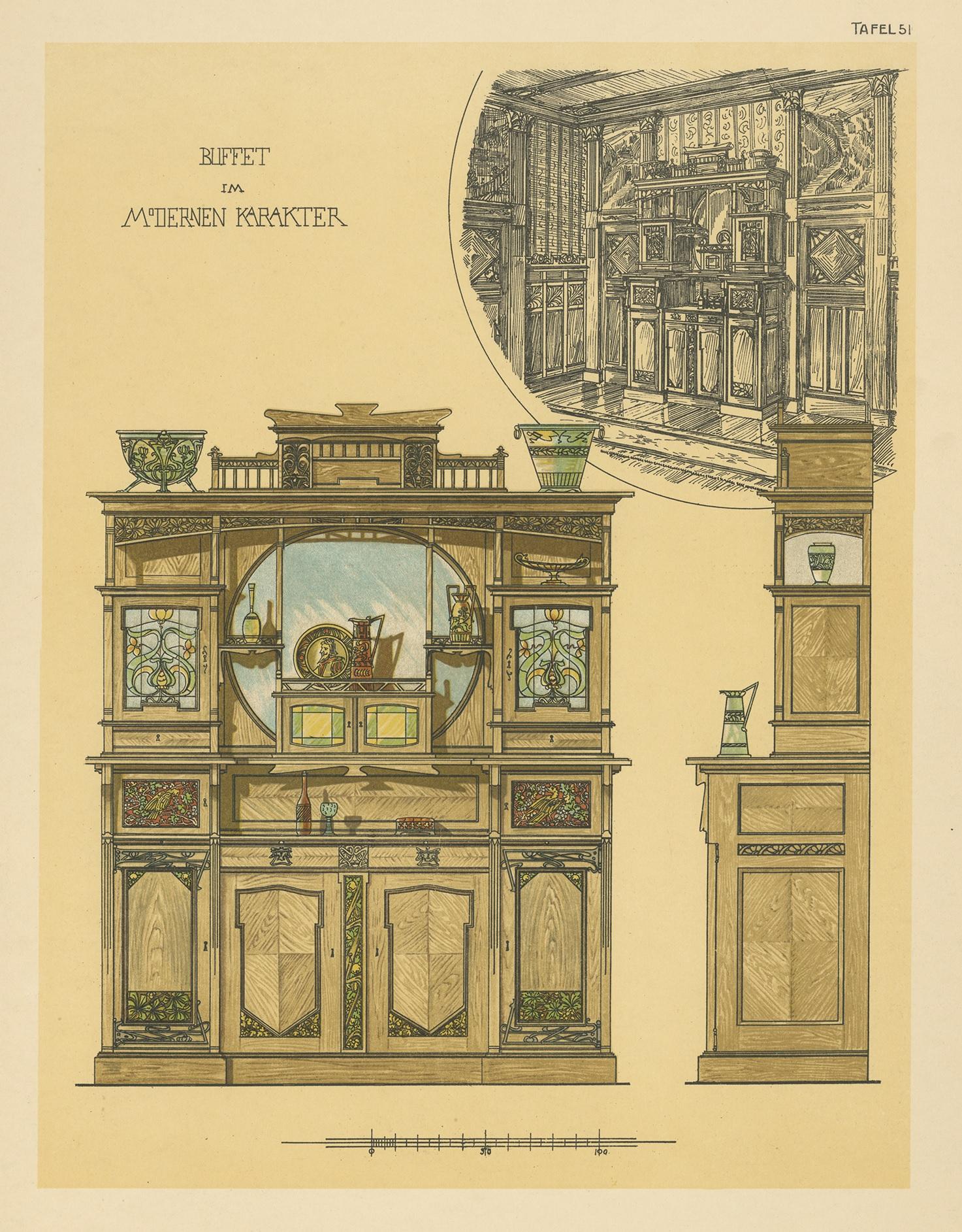 Antique print titled 'Buffet im Modernen Karakter'. Lithograph of a buffet. This print originates from 'Det Moderna Hemmet' by Johannes Kramer. Published by Ferdinand Hey'l, circa 1910.