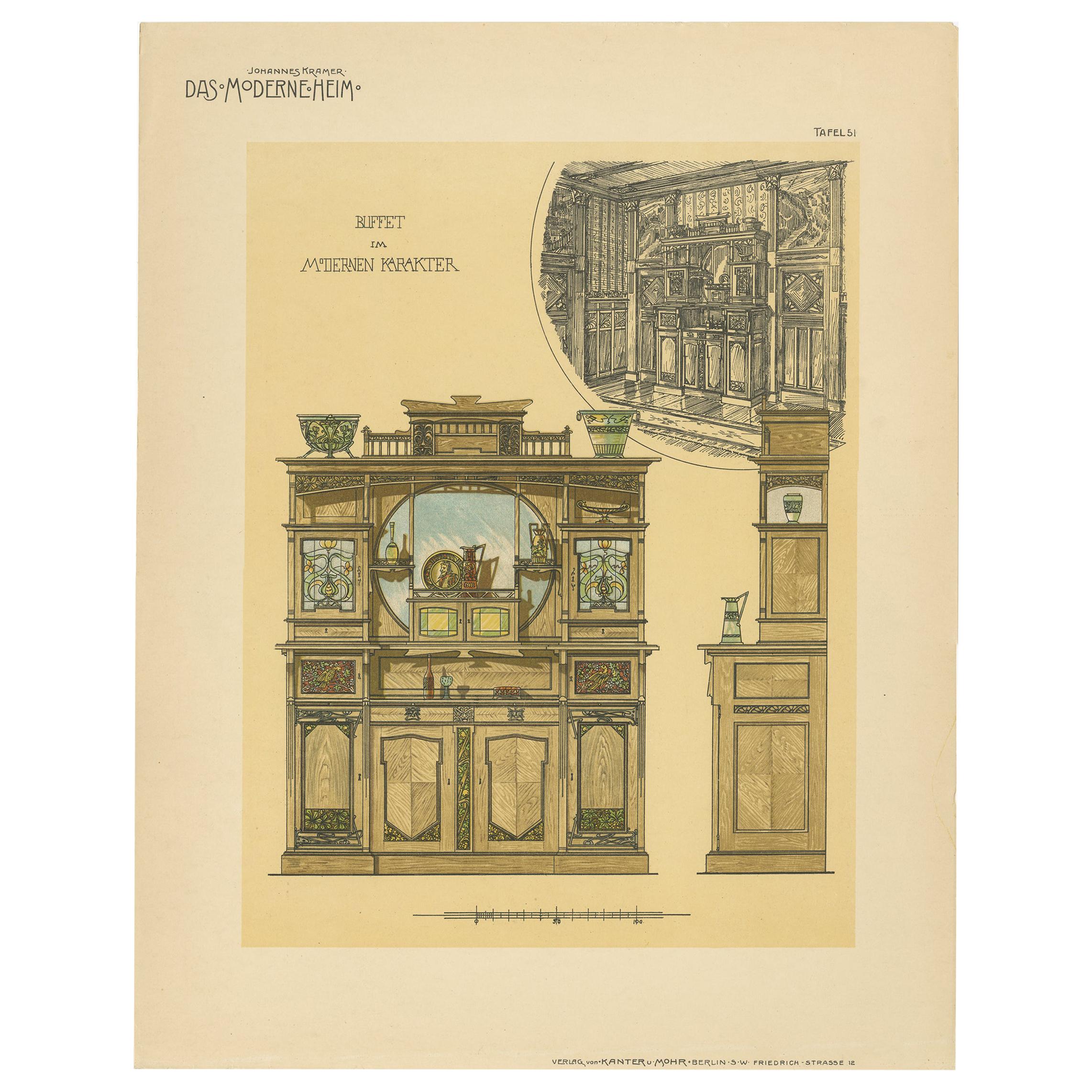Pl. 51 Antique Print of a Buffet by Kramer, 'circa 1910'