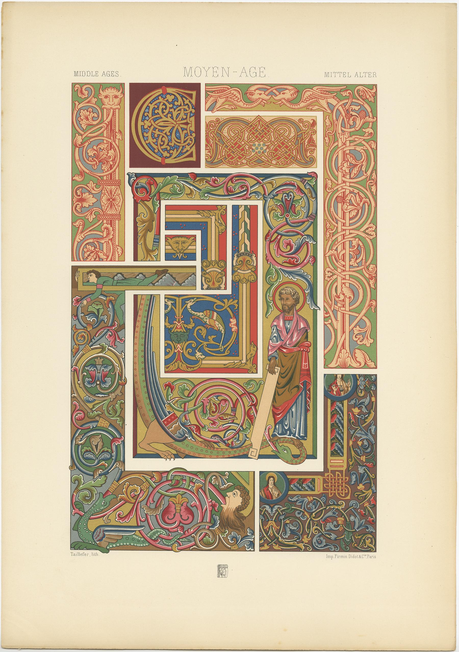Antique print titled 'Middle Ages - Moyen Age - Mittel Alter'. Chromolithograph of manuscripts decoration, France and Germany, 8th-13th centuries
ornaments. This print originates from 'l'Ornement Polychrome' by Auguste Racinet. Published circa 1890.