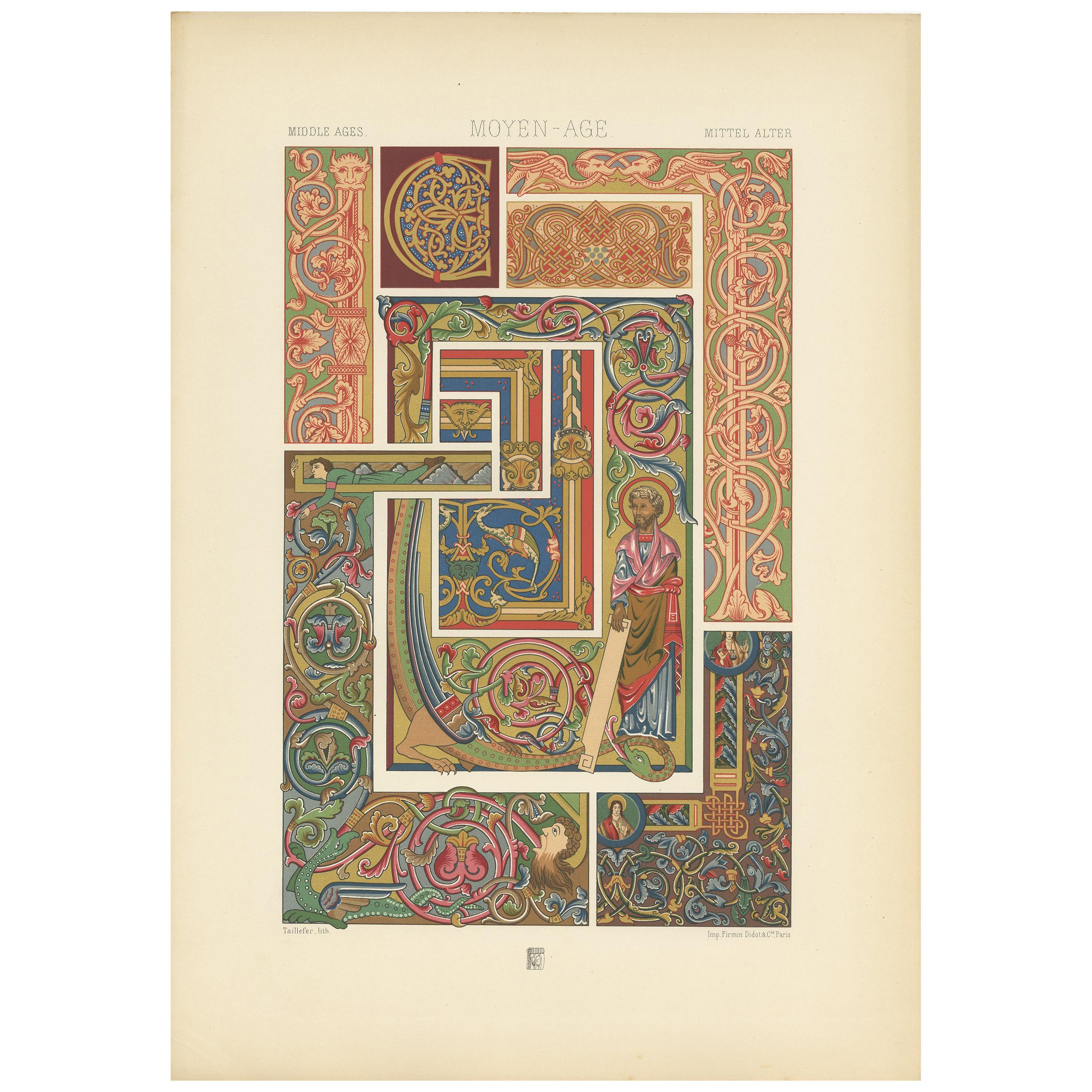 Pl. 51 Antique Print of Middle Ages Manuscripts Decoration by Racinet For Sale
