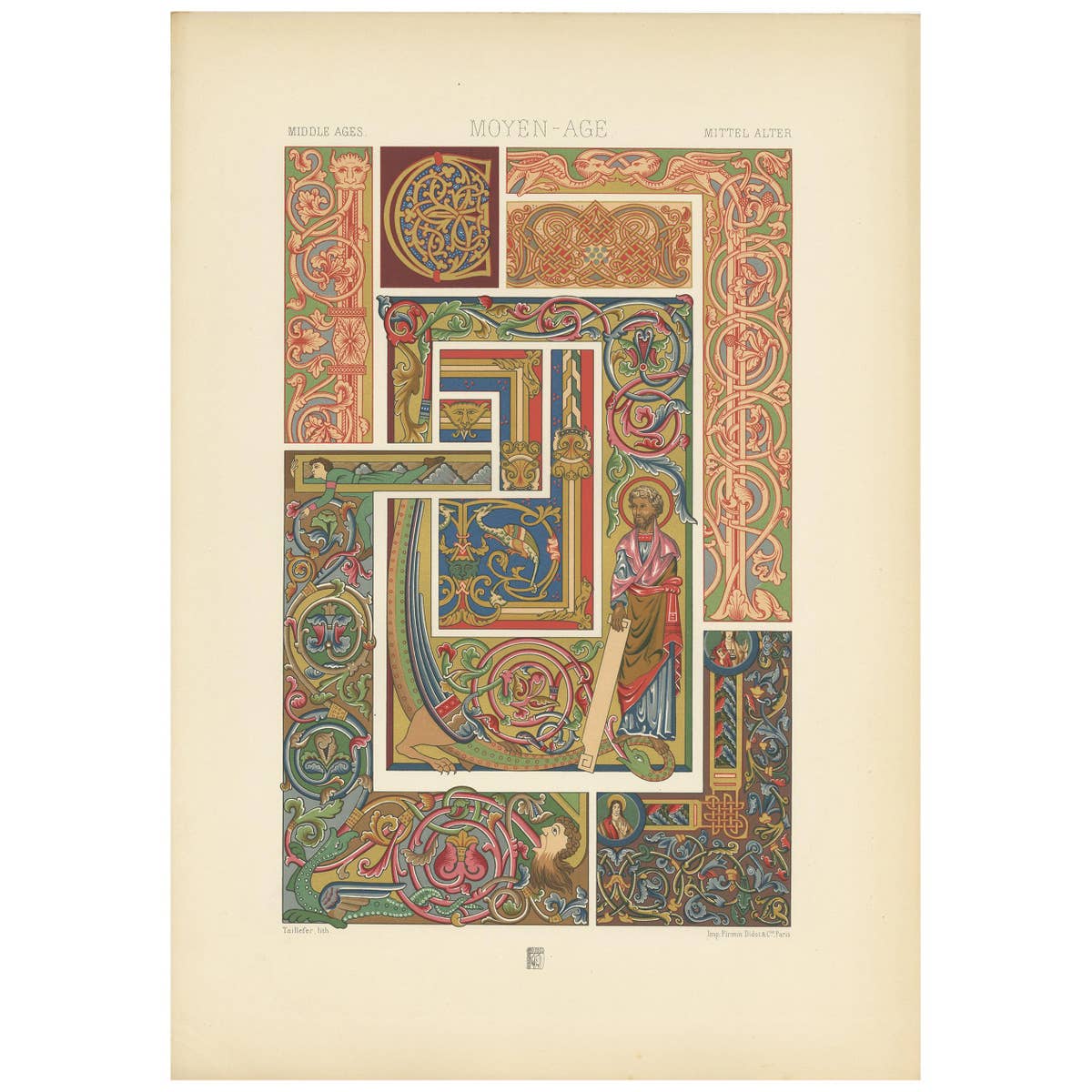 Pl. 51 Antique Print of Middle Ages Manuscripts Decoration by Racinet