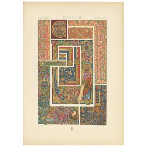 Pl. 51 Antique Print of Middle Ages Manuscripts Decoration by Racinet