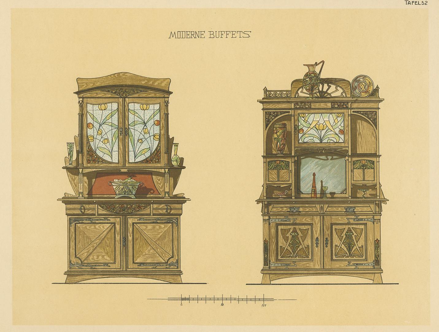 Antique print titled 'Moderne Buffets'. Lithograph of buffets. This print originates from 'Det Moderna Hemmet' by Johannes Kramer. Published by Ferdinand Hey'l, circa 1910.