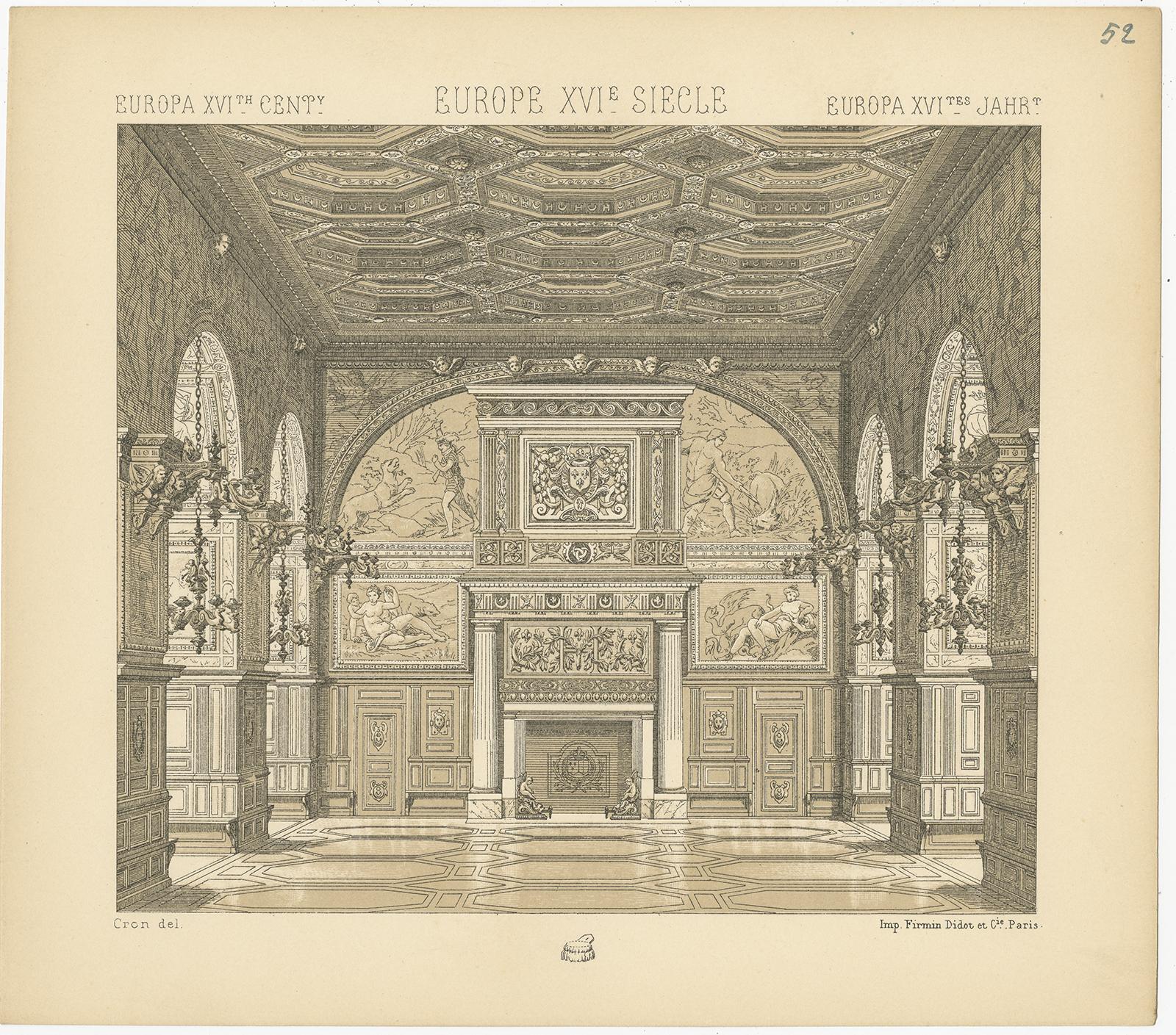 19th Century Pl. 52 Antique Print of European 16th Century Architecture, Racinet, circa 1880