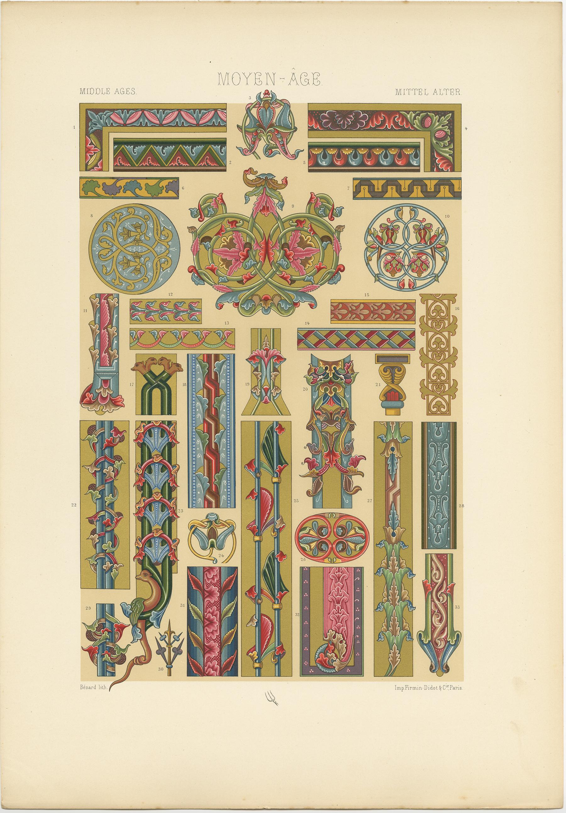 Antique print titled 'Middle Ages - Moyen Age - Mittel Alter'. Chromolithograph of manuscripts decoration, 8th-12th centuries
ornaments. This print originates from 'l'Ornement Polychrome' by Auguste Racinet. Published circa 1890.