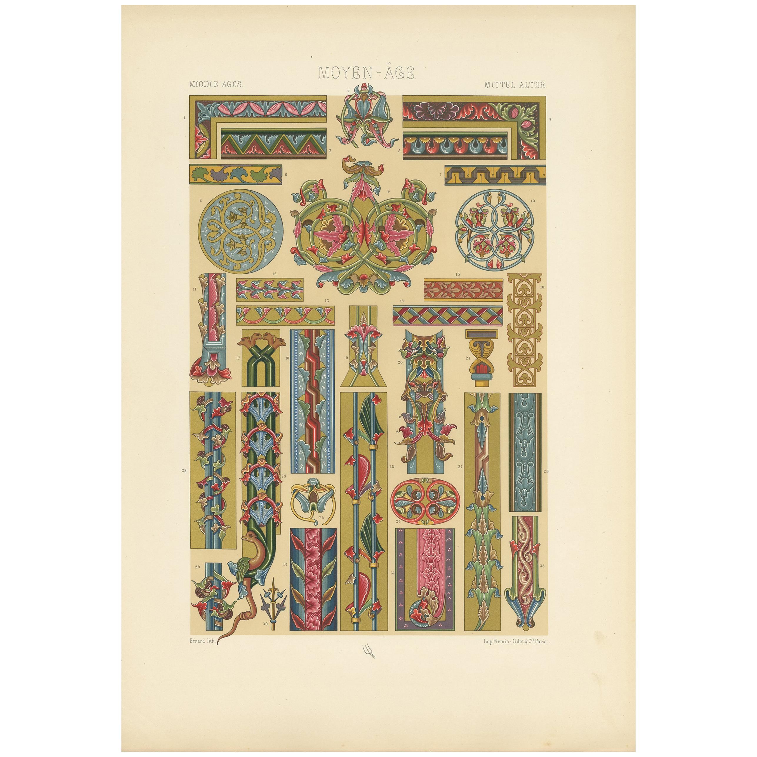 Pl. 52 Antique Print of Middle Ages Manuscripts Decoration by Racinet For Sale