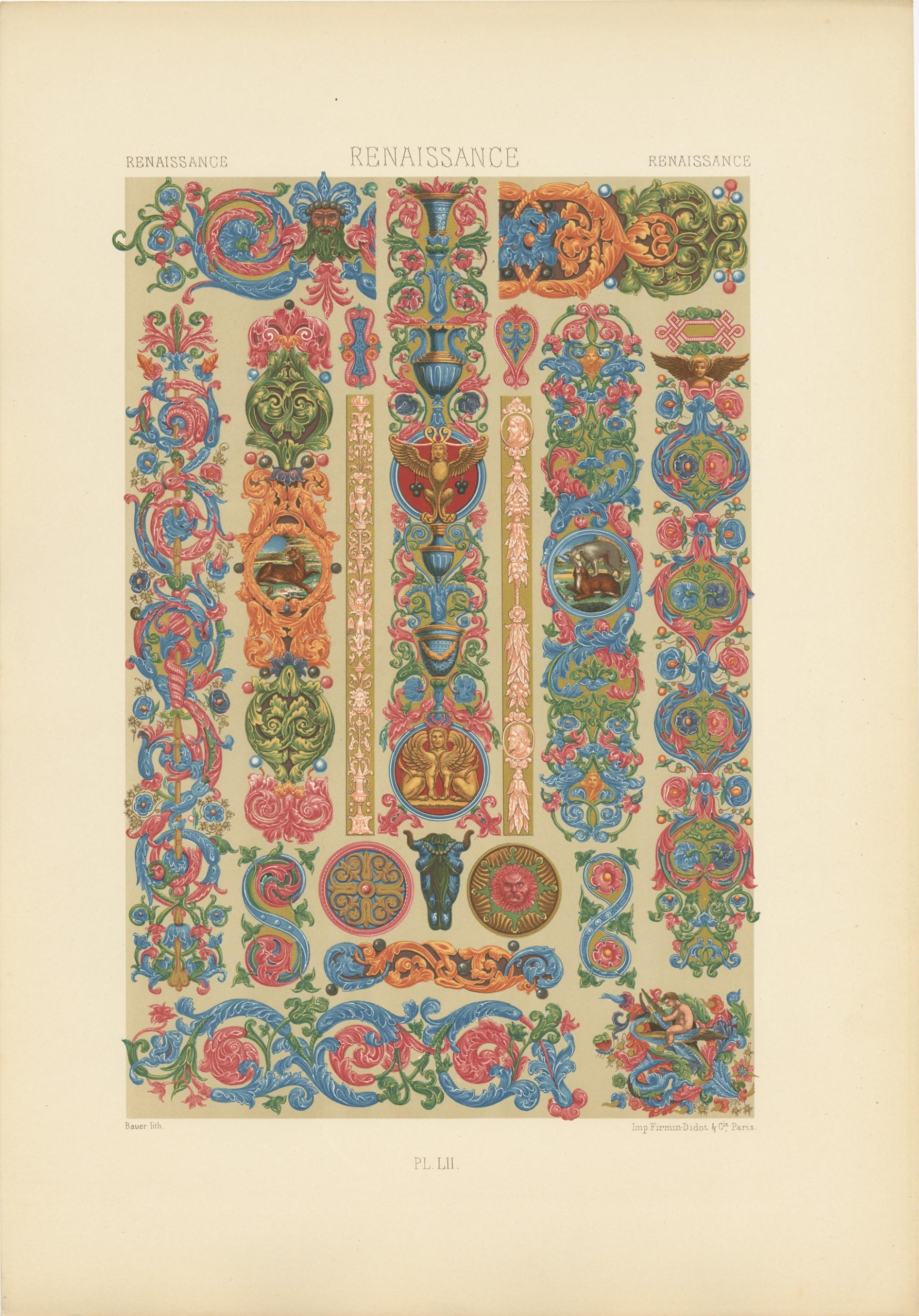 Antique print titled 'Renaissance - Renaissance - Renaissance'. Chromolithograph of Renaissance ornaments and decorative arts. This print originates from 'l'Ornement Polychrome' by Auguste Racinet. Published circa 1890.