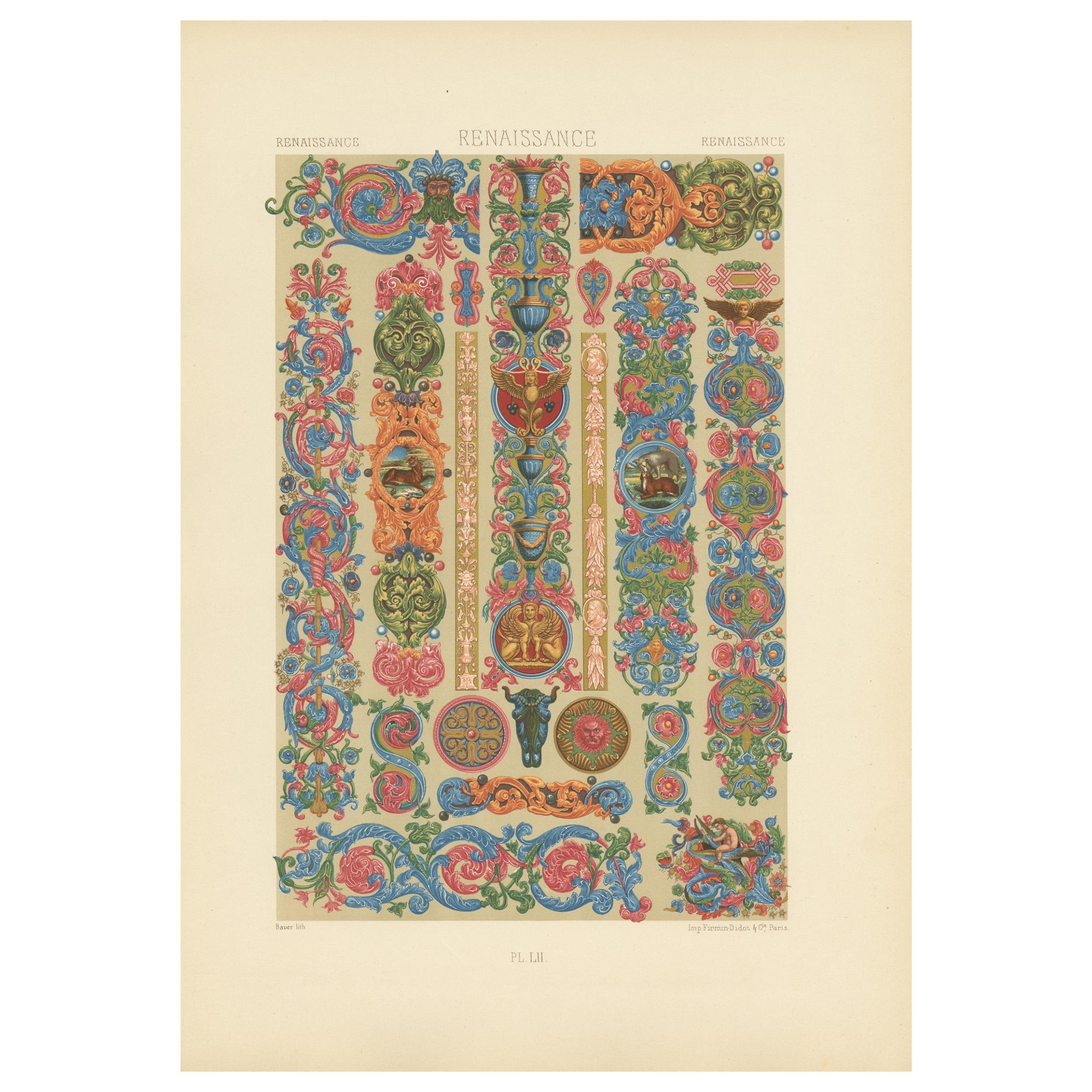 Pl. 52 Antique Print of Renaissance Ornaments by Racinet, circa 1890 For Sale