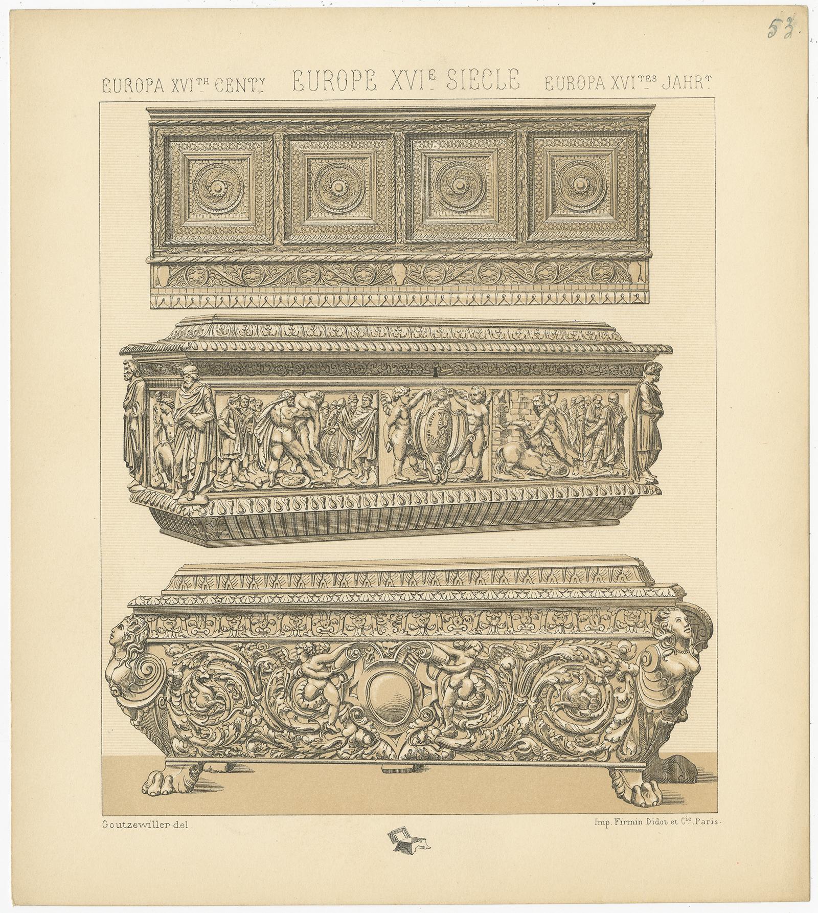 Antique print titled 'Europa XVIth Cent - Europe XVIe, Siecle - Europa XVItes Jahr'. Chromolithograph of European 16th century furniture. This print originates from 'Le Costume Historique' by M.A. Racinet. Published circa 1880.