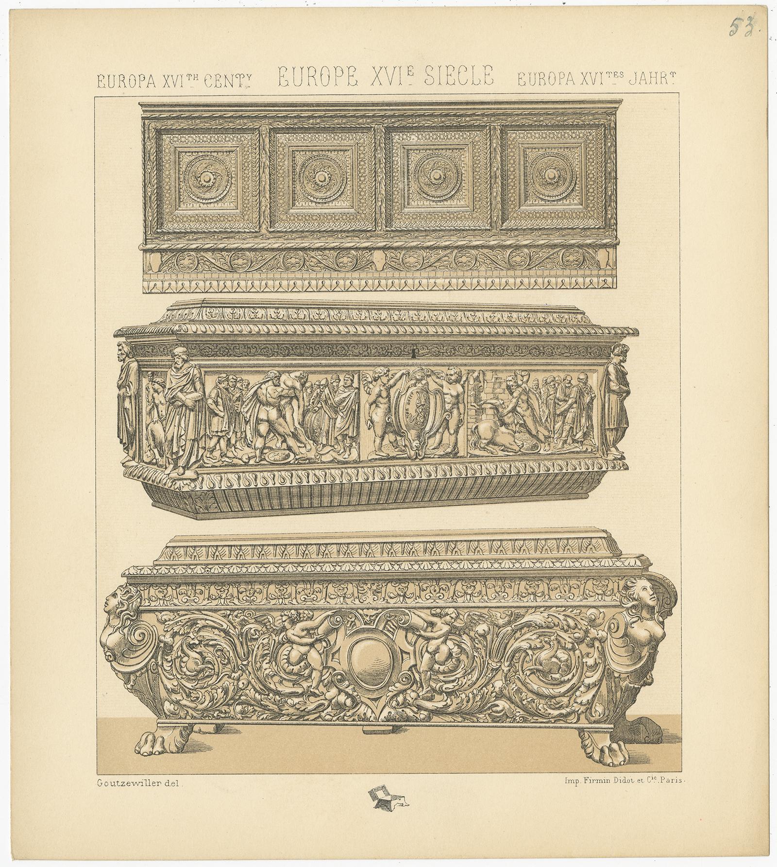XIXe siècle Pl. 53 Impression ancienne de meubles européens du XVIe siècle par Racinet, vers 1880 en vente