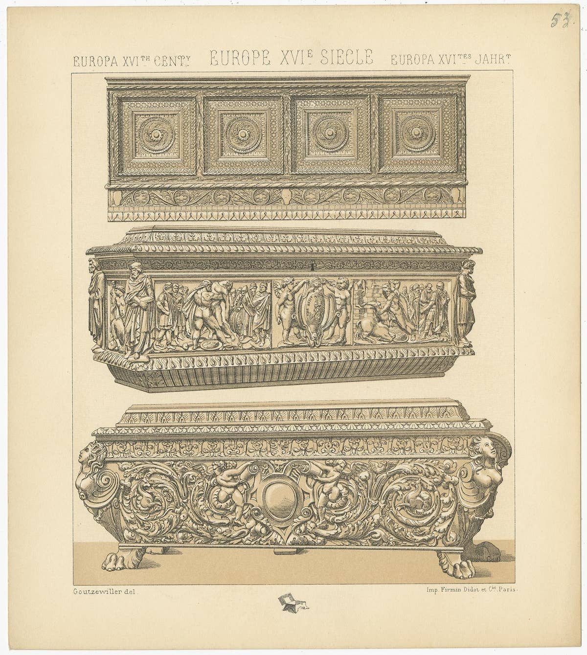 Pl. 53 Antique Print of European 16th Century Furniture by Racinet, circa 1880
