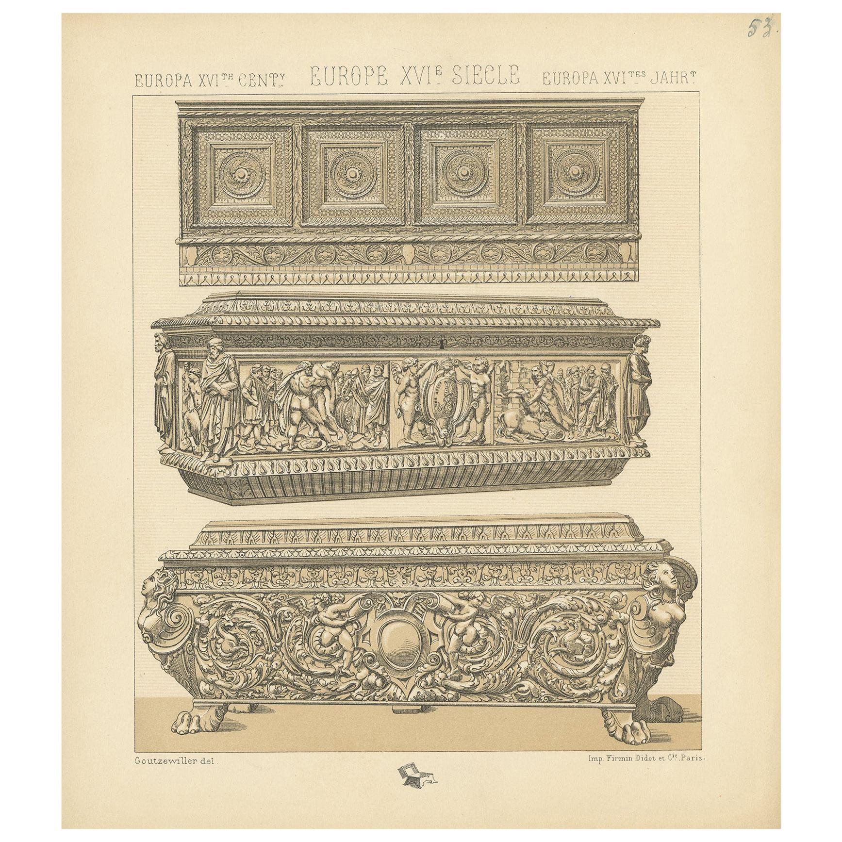 Pl. 53 Antique Print of European 16th Century Furniture by Racinet, circa 1880 For Sale