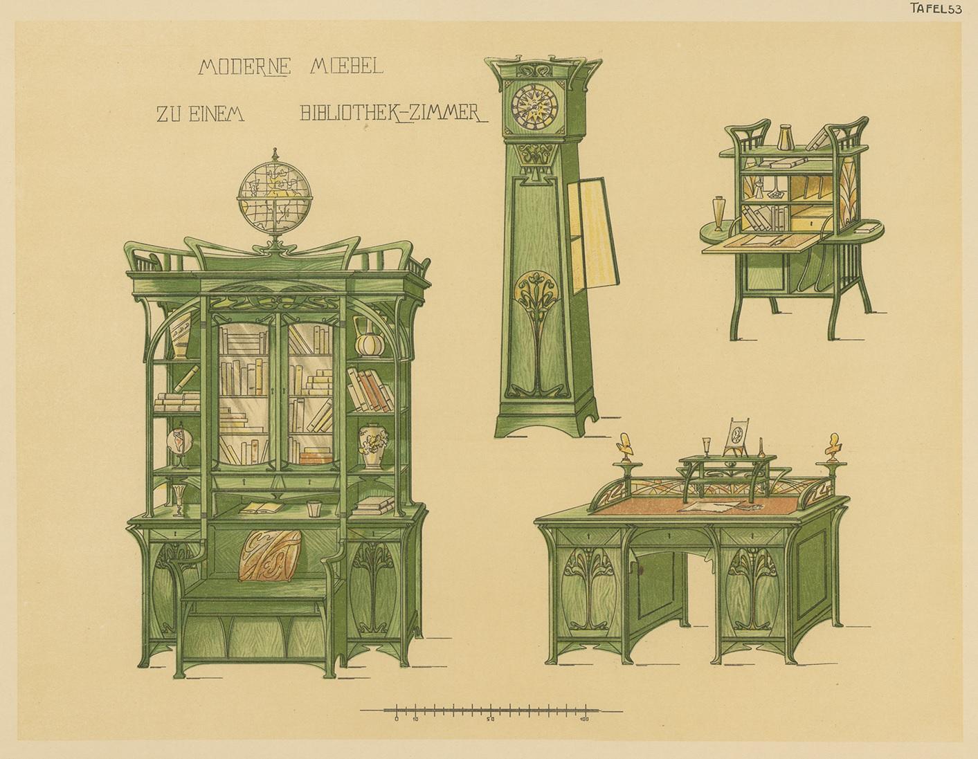 Antiker Druck mit dem Titel 'Moderne Moebel zu einem Bibliothek-Zimmer'. Lithographie von Bibliotheksmöbeln. Dieser Druck stammt aus 