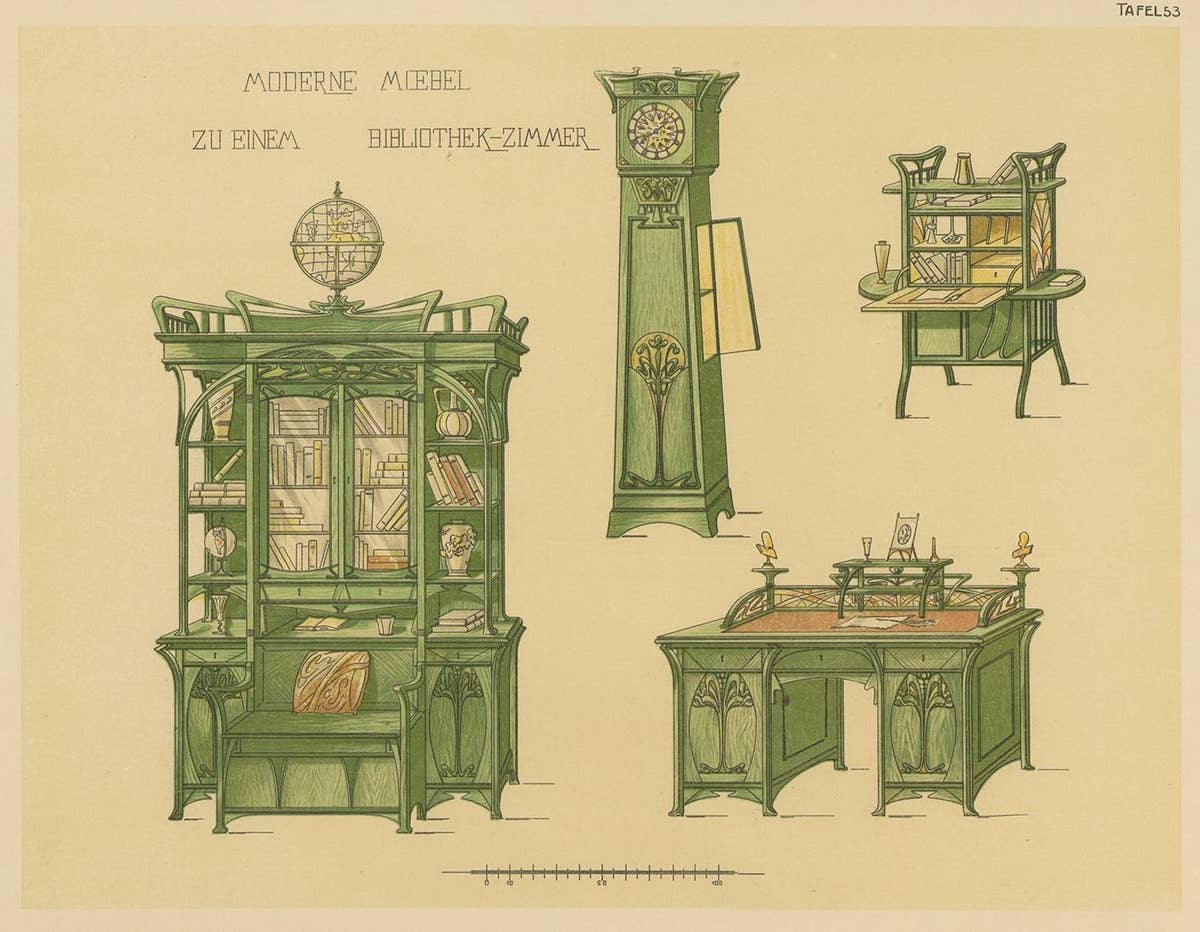 Pl 53 Antique Print of Library Furniture by Kramer, 'circa 1910'