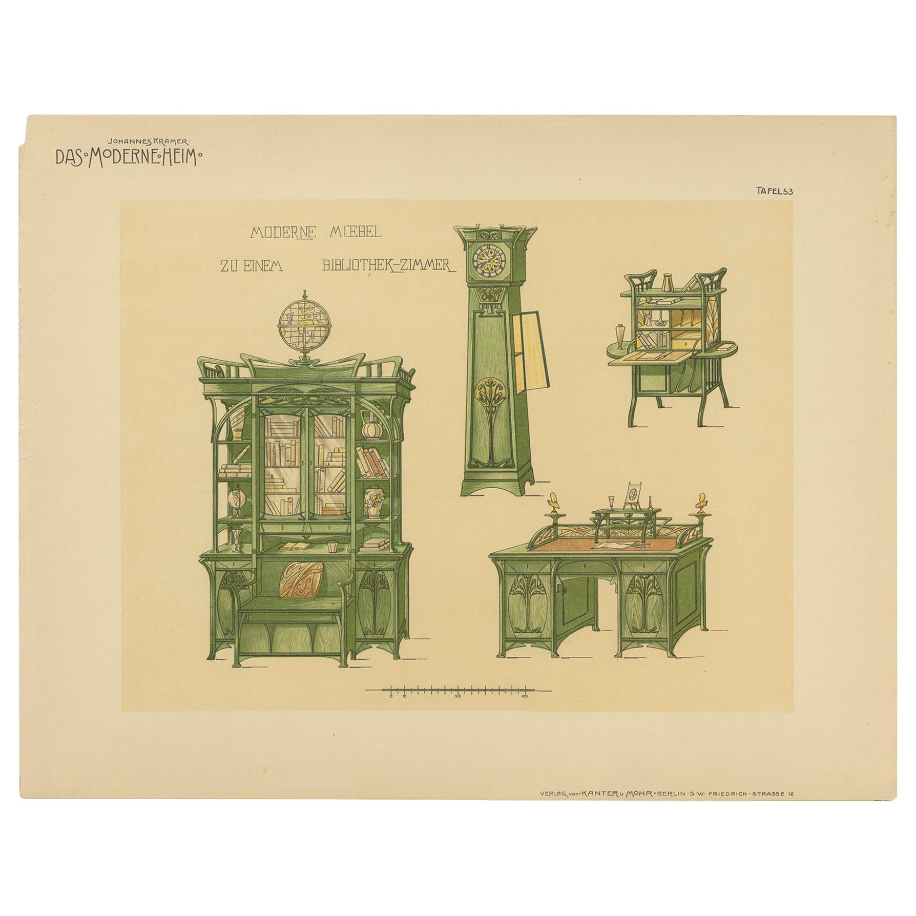 Pl 53 Antiker Druck von Bibliotheksmöbeln von Kramer, um 1910 im Angebot