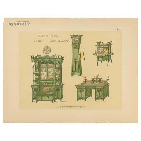 Pl 53 Antique Print of Library Furniture by Kramer, 'circa 1910'