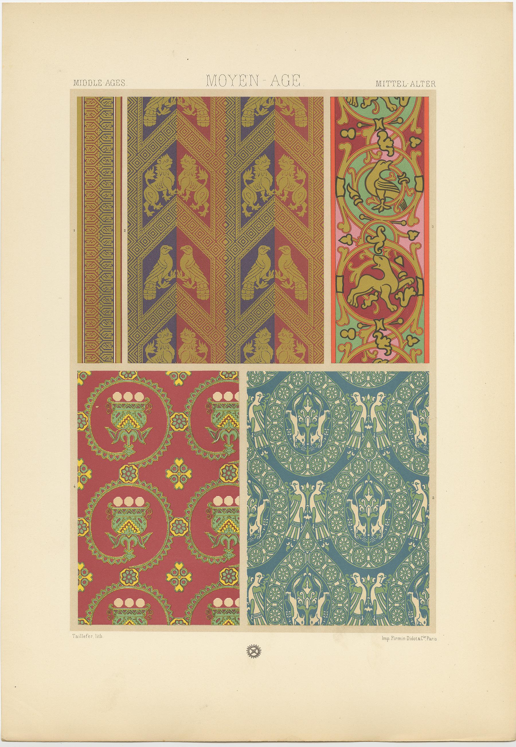 Antique print titled 'Middle Ages - Moyen Age - Mittel Alter'. Chromolithograph of design from textiles imported into Europe from the Near East
ornaments. This print originates from 'l'Ornement Polychrome' by Auguste Racinet. Published circa 1890.