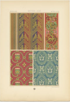 Pl. 53 Antique Print of Middle Ages Design from Textiles by Racinet, circa 1890