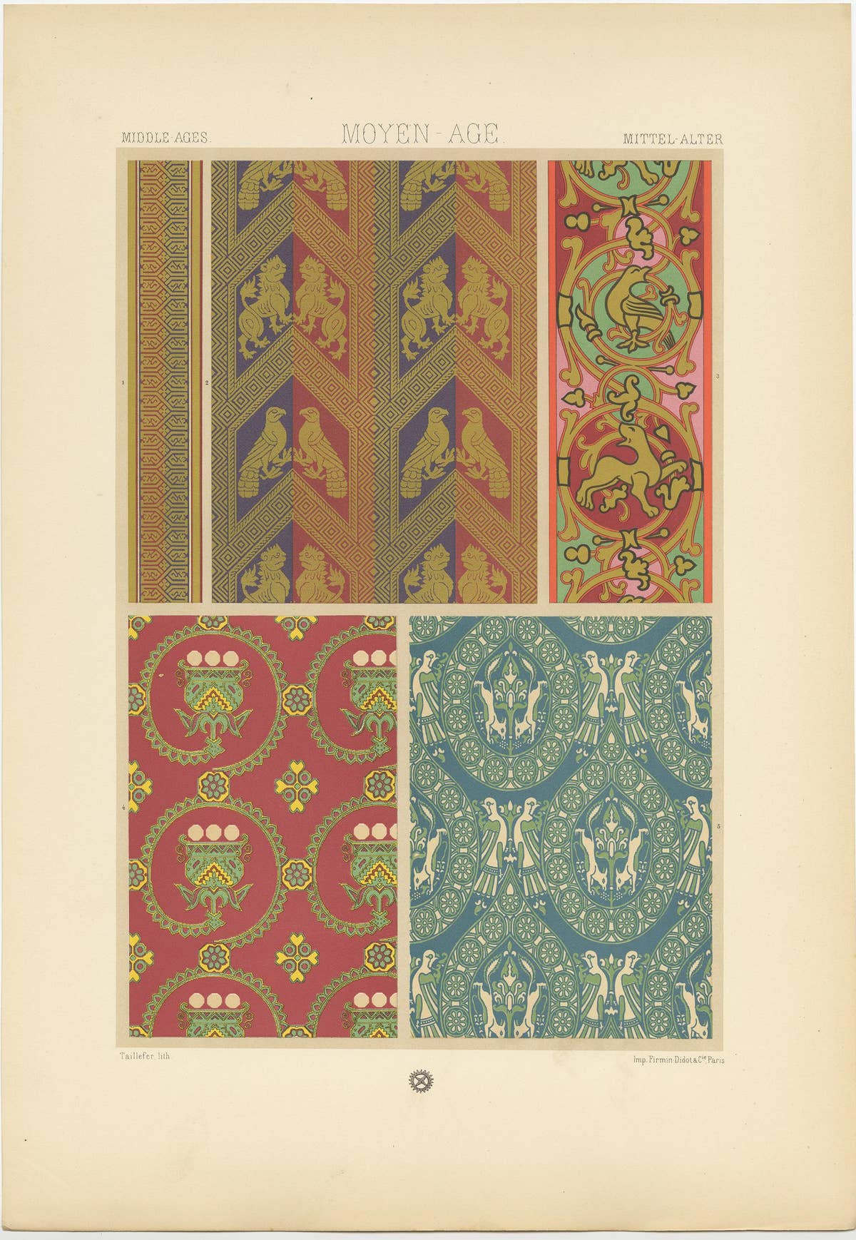 Pl. 53 Antique Print of Middle Ages Design from Textiles by Racinet, circa 1890