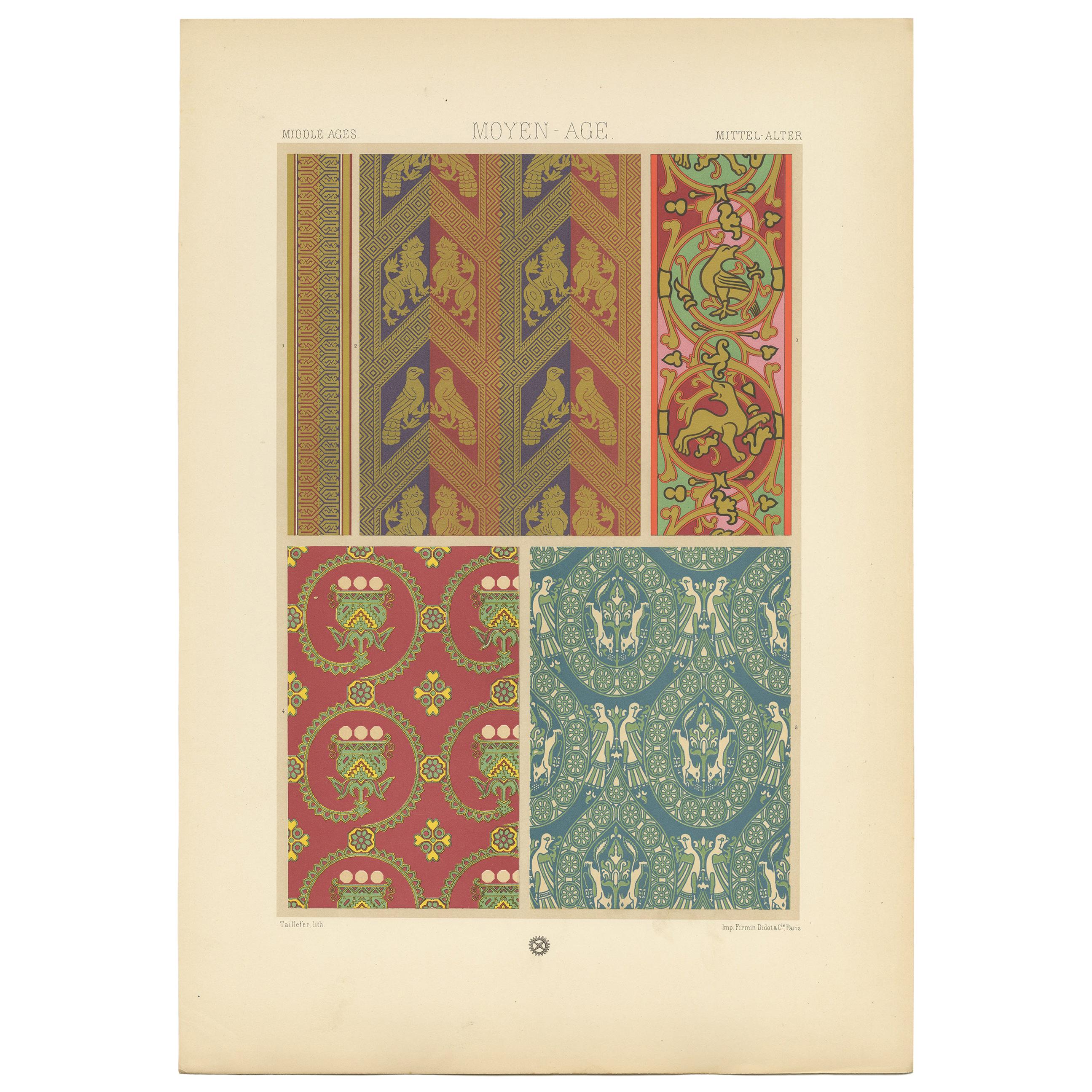 Pl. 53 Grabado antiguo de diseño medieval de textiles de Racinet, hacia 1890