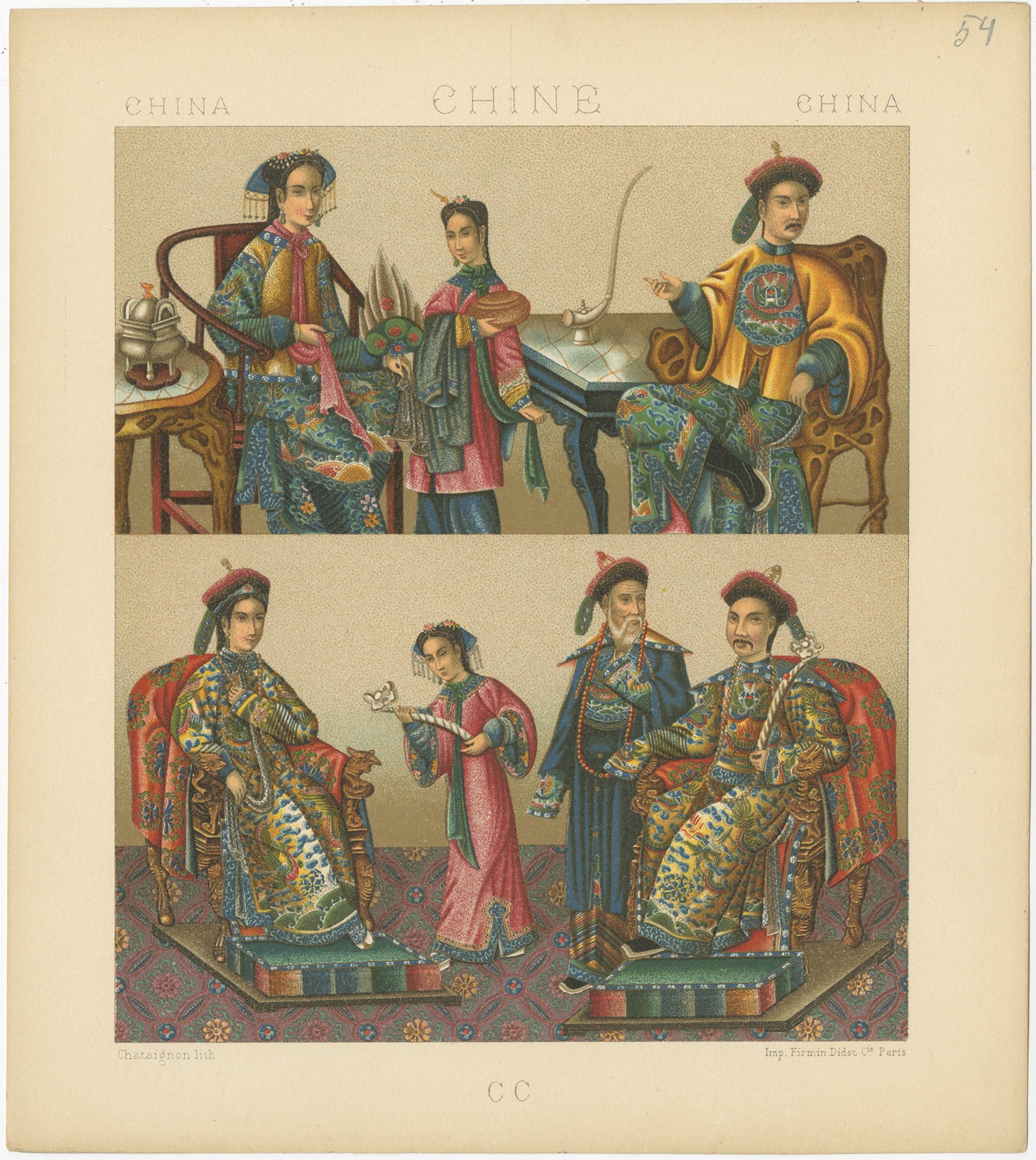 Antiker Druck mit dem Titel 'China - Chine - China'. Chromolithografie chinesischer Kostüme. Dieser Druck stammt aus 