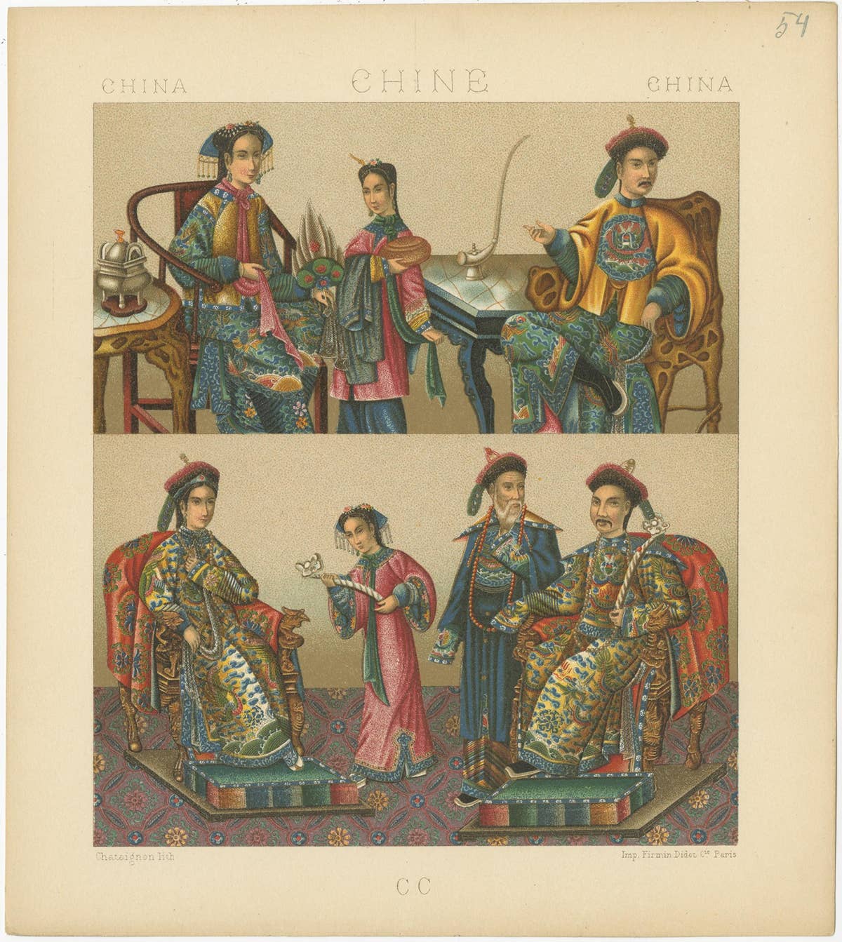 Pl. 54 Antique Print of Chinese Costumes by Racinet, 'circa 1880'