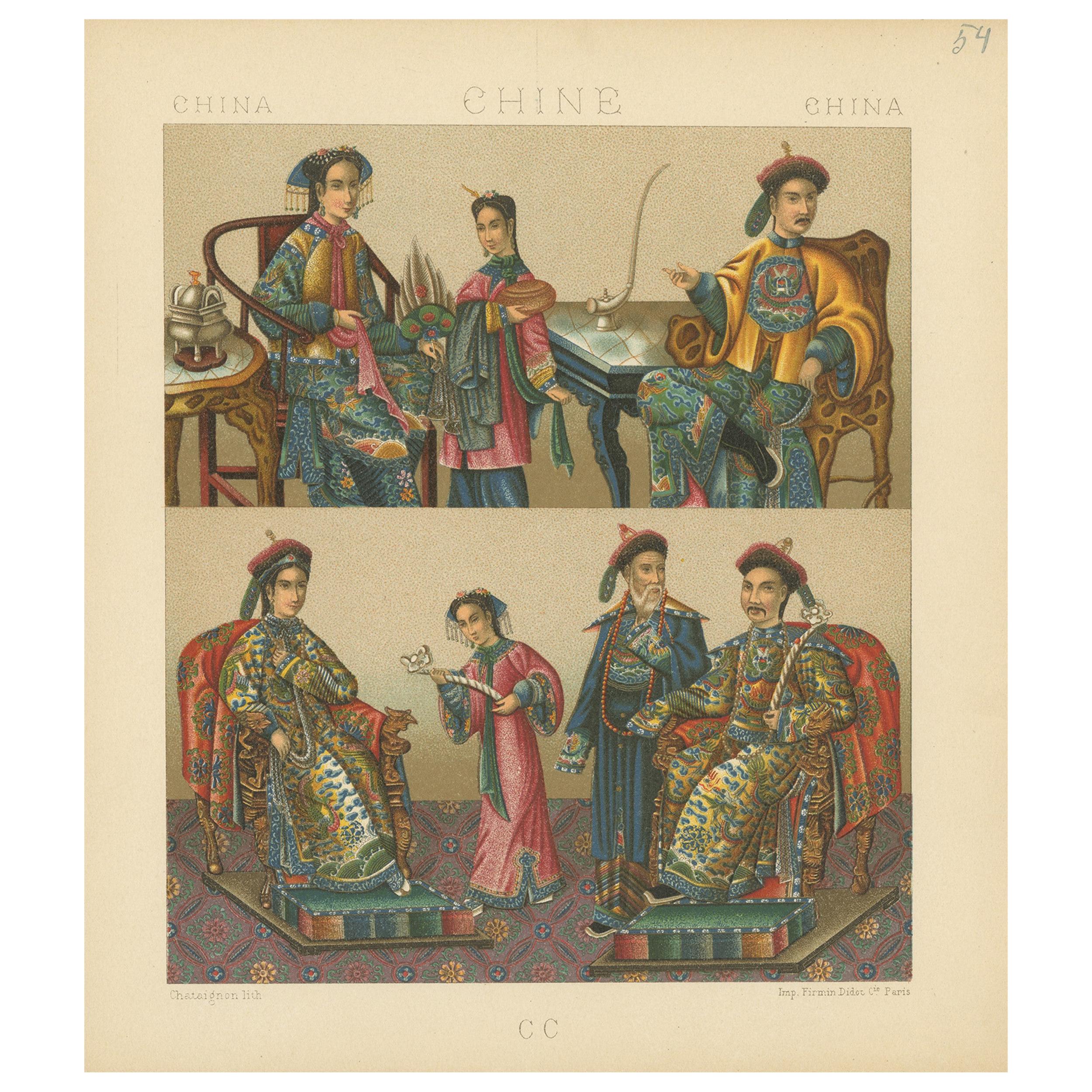 Pl. 54 Antiker Druck chinesischer Kostüme von Racinet, um 1880 im Angebot
