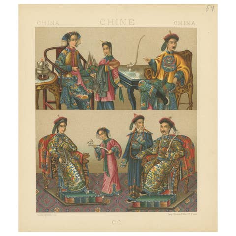 Pl. 54 Antique Print of Chinese Costumes by Racinet, 'circa 1880'